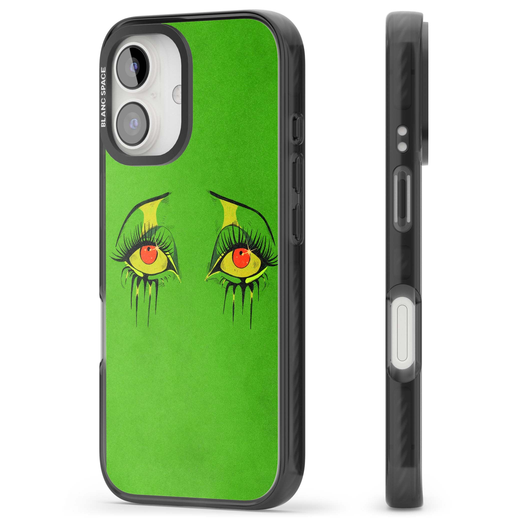Green Enchanted Eyes psychedelic art iPhone case featuring hand-drawn dripping eyes on neon green background | Black Impact case for iPhone 16, iPhone 16 Plus