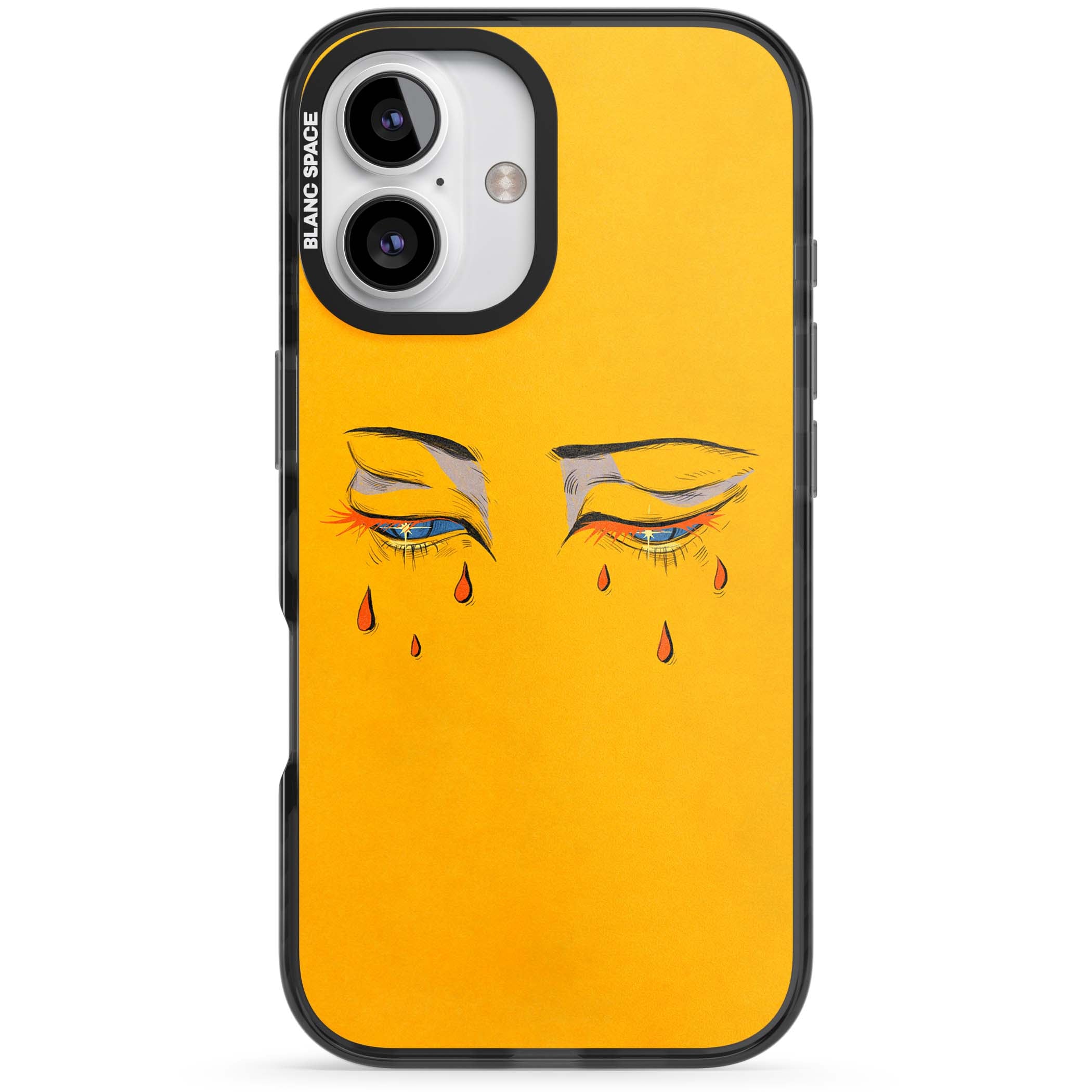 Yellow Tearful Eyes indie iPhone case featuring hand-drawn crying eyes with orange tears on a yellow background | Black Impact case for iPhone 16, iPhone 16 Plus
