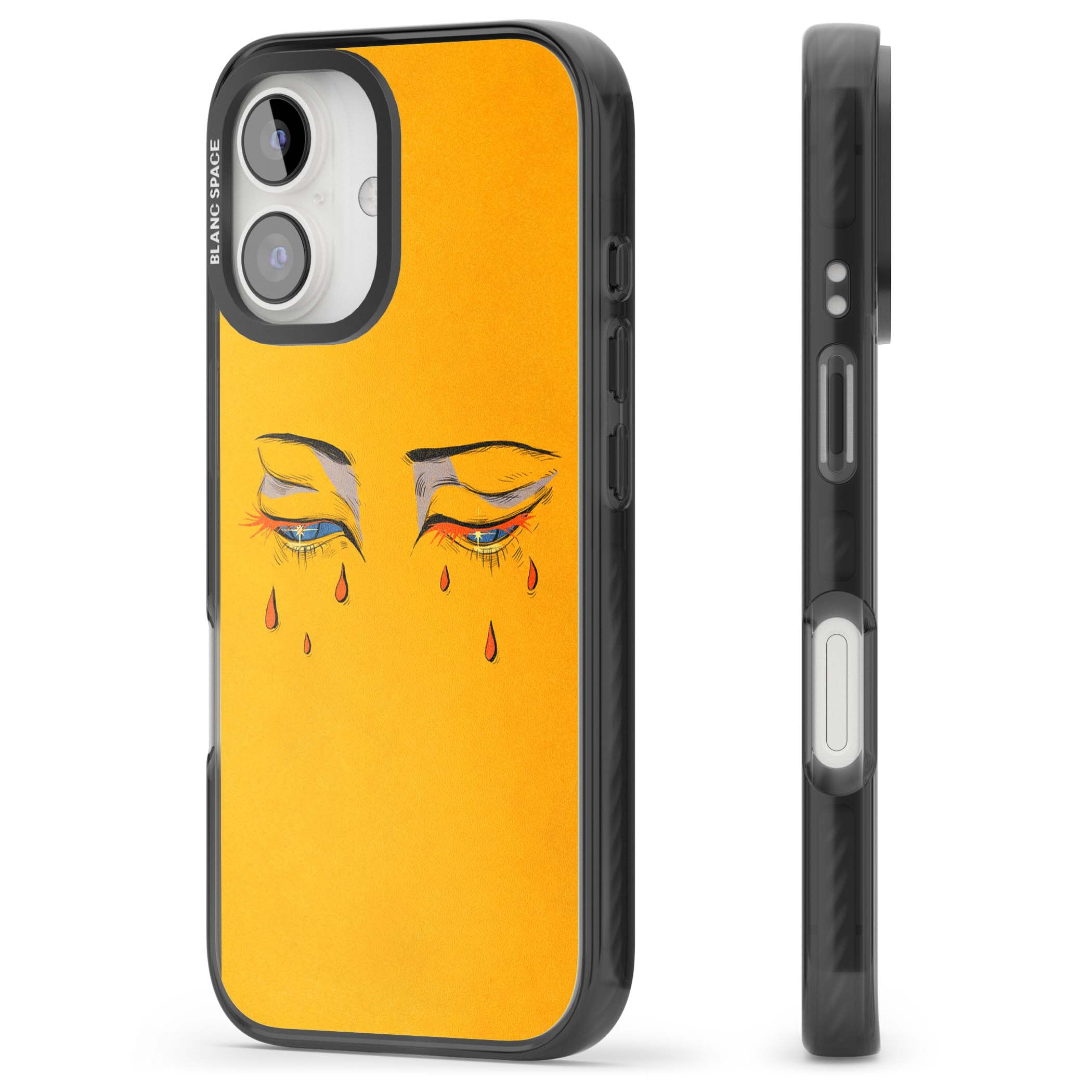 Yellow Tearful Eyes indie iPhone case featuring hand-drawn crying eyes with orange tears on a yellow background | Black Impact case for iPhone 16, iPhone 16 Plus