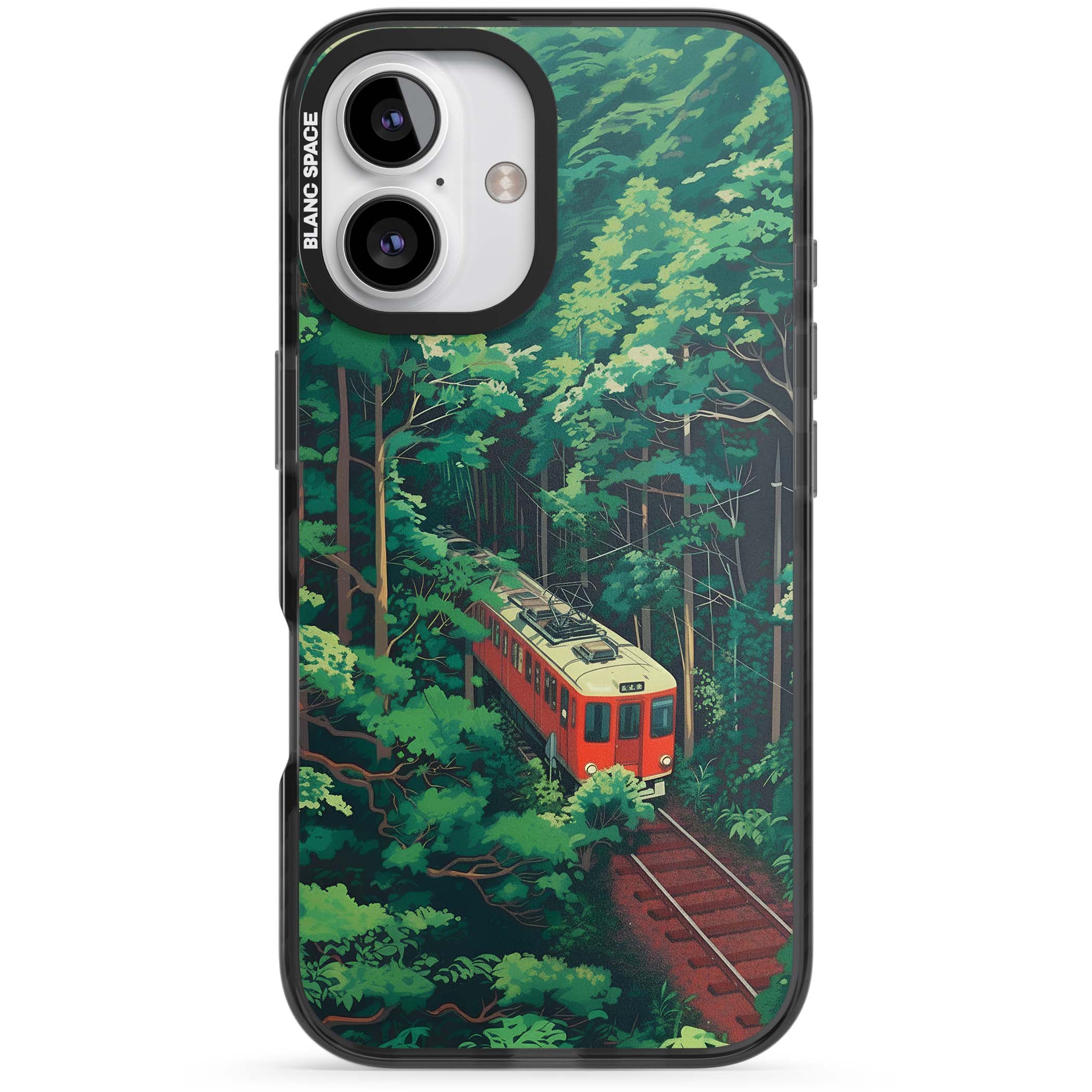 Railway In Toyama Japanese iPhone case featuring a red train, cedar forest and winding mountain railway tracks | Black Impact case for iPhone 16, iPhone 16 Plus