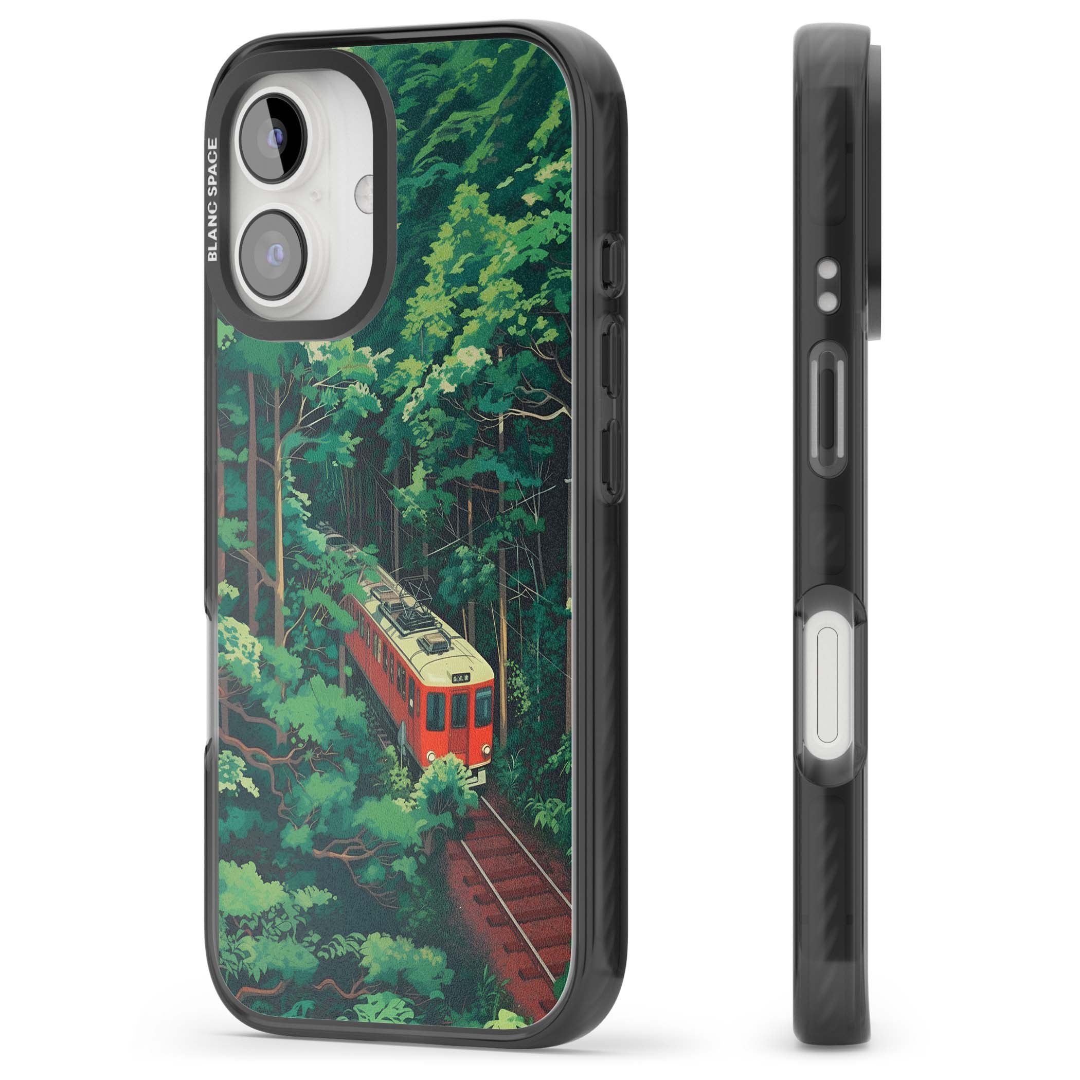 Railway In Toyama Japanese iPhone case featuring a red train, cedar forest and winding mountain railway tracks | Black Impact case for iPhone 16, iPhone 16 Plus