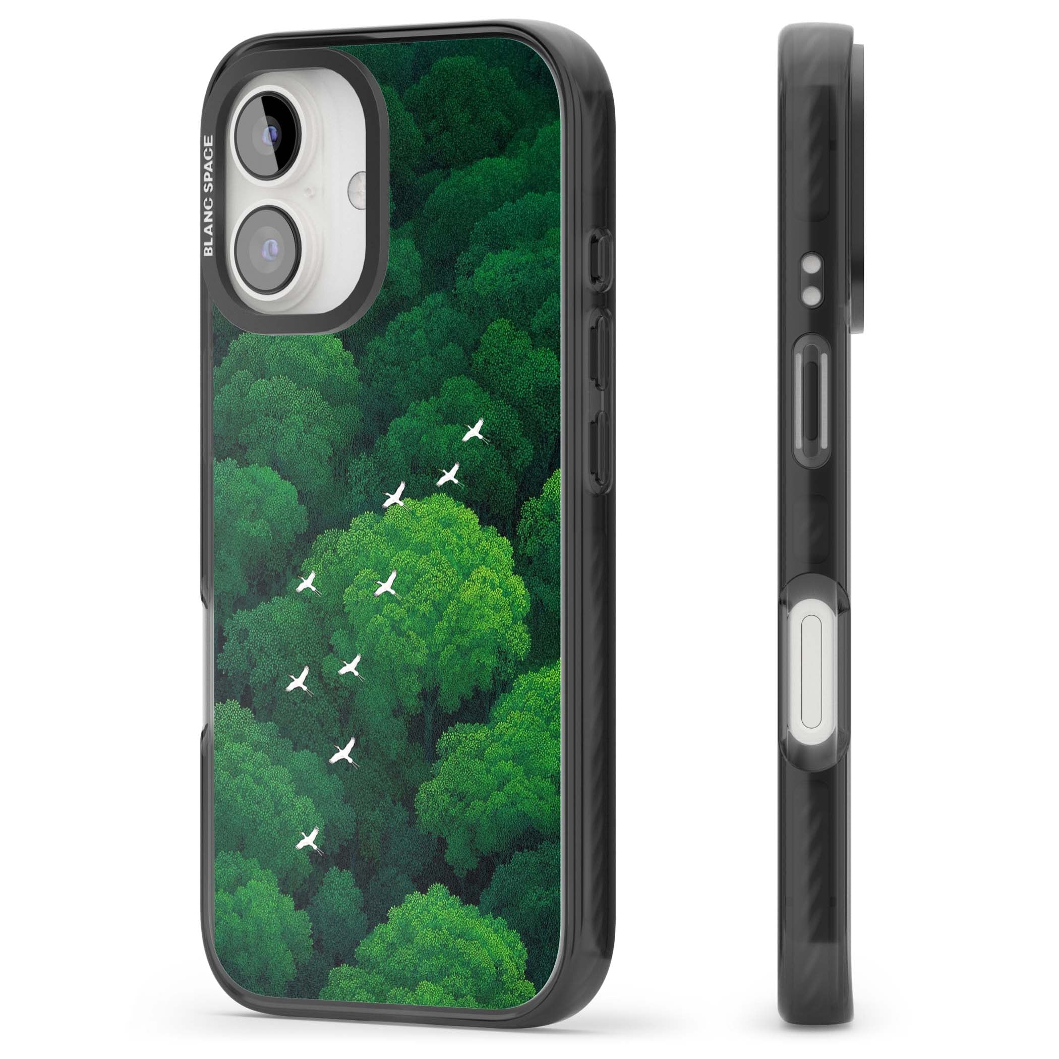 Grove Migration forest iPhone case featuring white cranes flying over lush green treetop canopy | Black Impact case for iPhone 16, iPhone 16 Plus