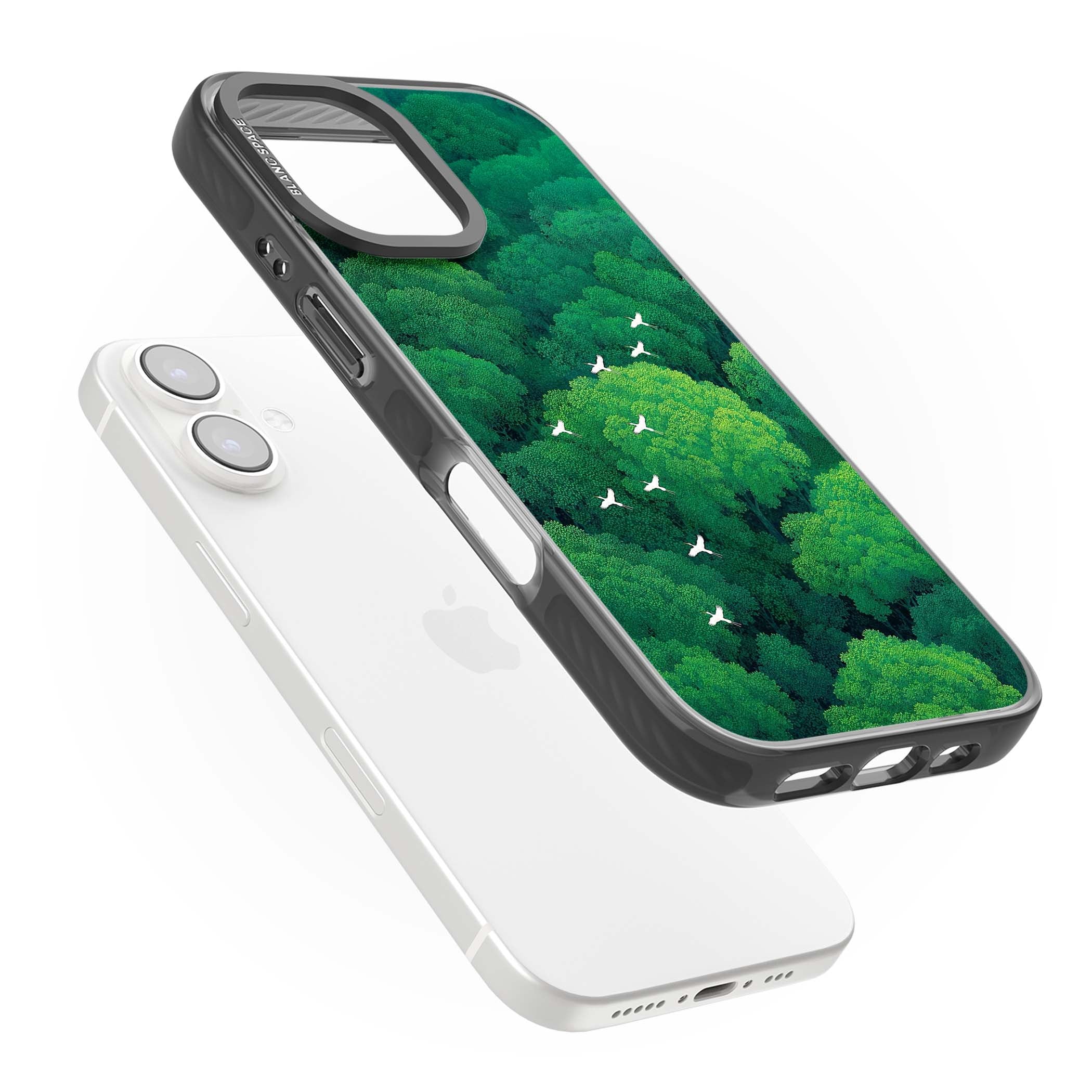 Grove Migration forest iPhone case featuring white cranes flying over lush green treetop canopy | Black Impact case for iPhone 16, iPhone 16 Plus