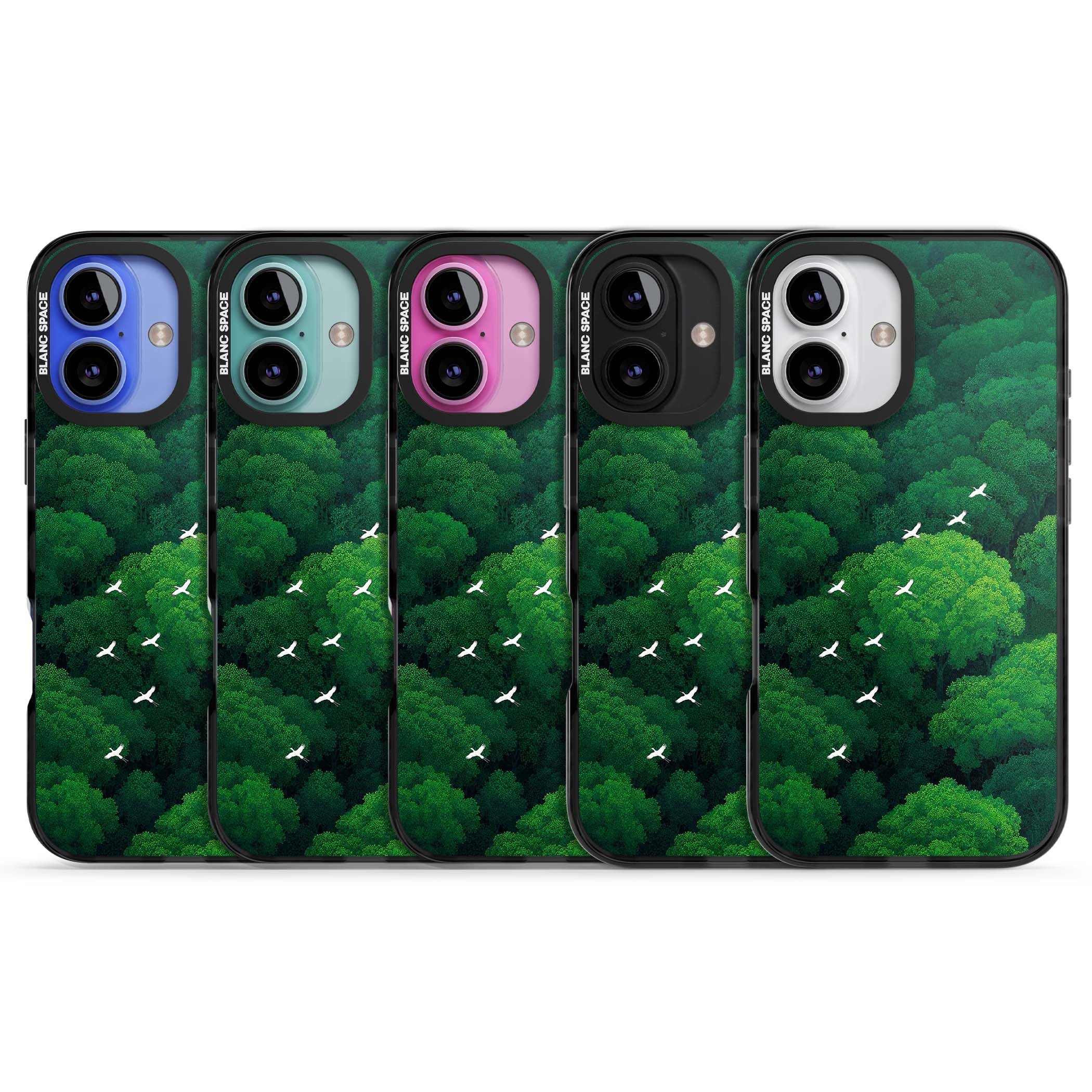 Grove Migration forest iPhone case featuring white cranes flying over lush green treetop canopy | Black Impact case for iPhone 16, iPhone 16 Plus