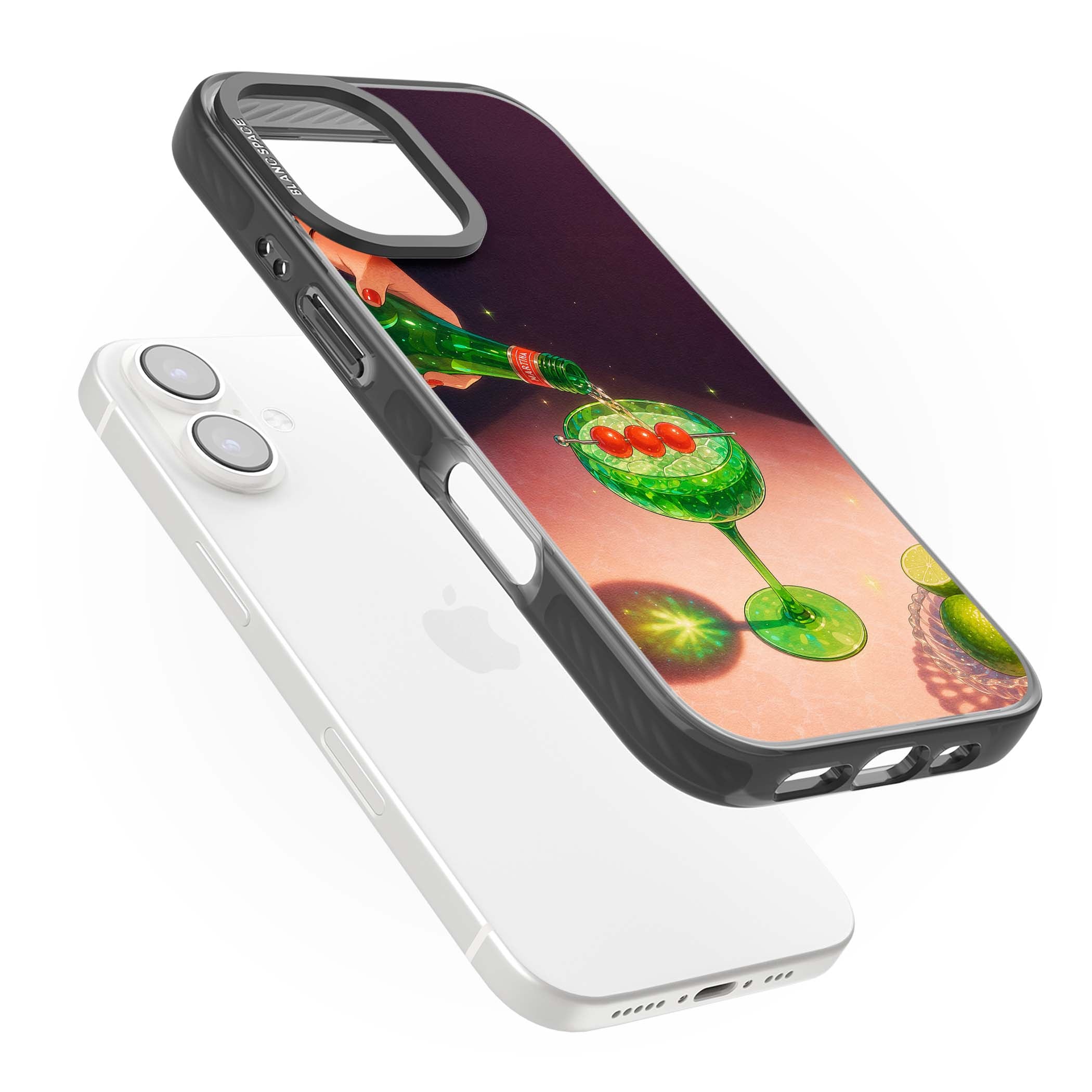 Absinthe Hour cocktail iPhone case featuring a green coupe glass, cherry garnish and vintage bottle pour illustration | Black Impact case for iPhone 16, iPhone 16 Plus