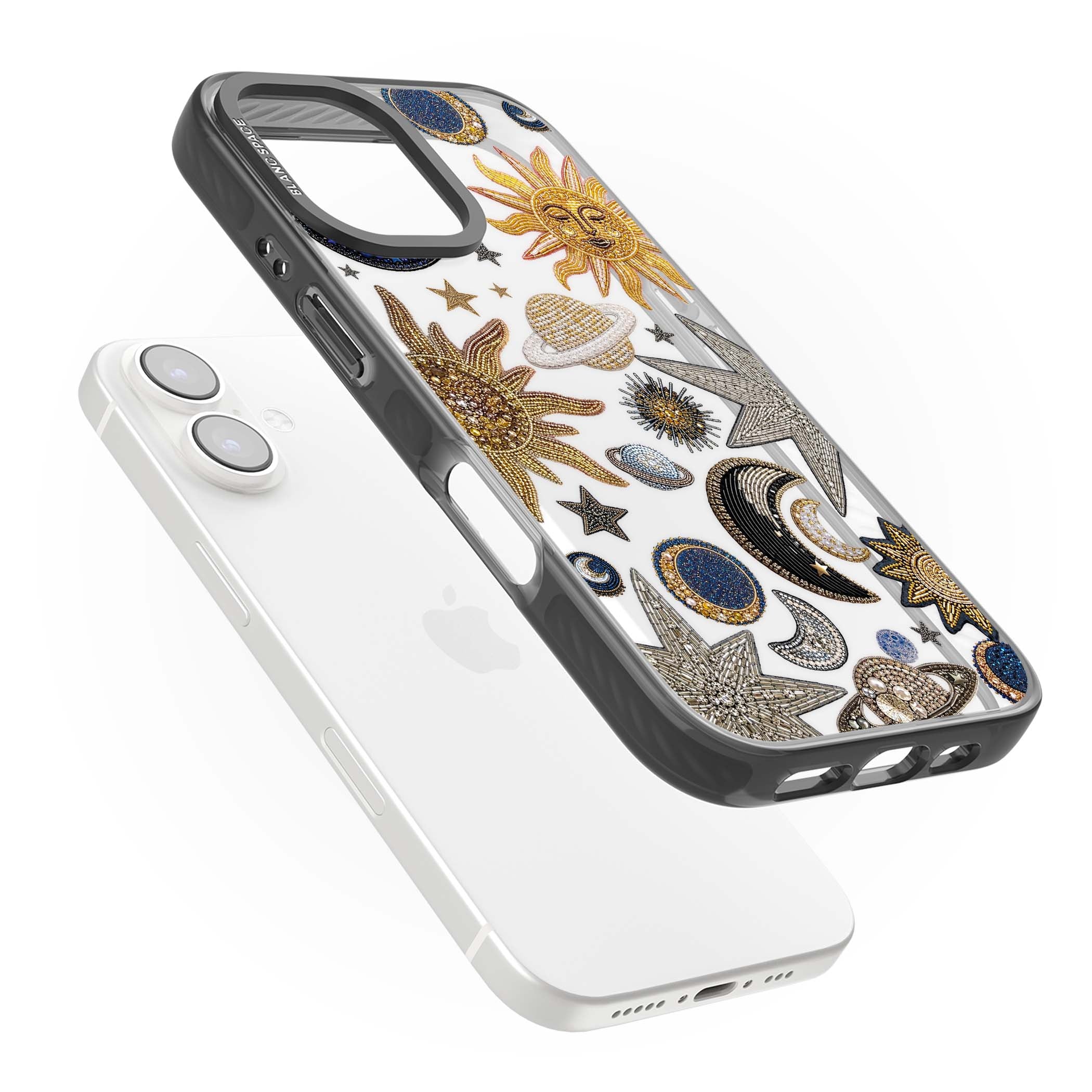 Beaded Cosmos celestial iPhone case featuring embroidered golden suns, beaded planets and silver shooting stars | Black Impact case for iPhone 16, iPhone 16 Plus