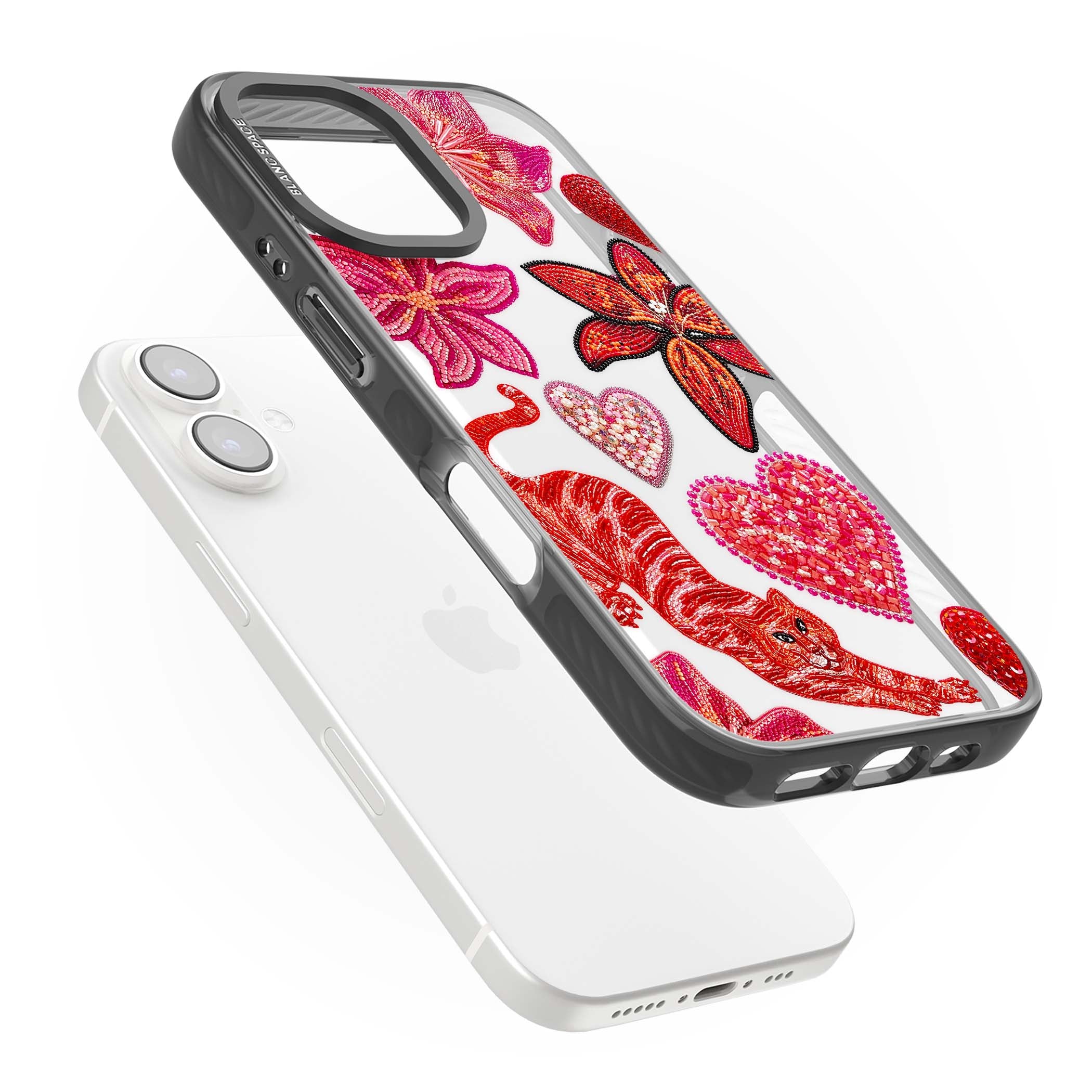 Beaded Boho floral iPhone case featuring beaded red lilies, a stitched tiger, and pearl-encrusted hearts on clear | Black Impact case for iPhone 16, iPhone 16 Plus