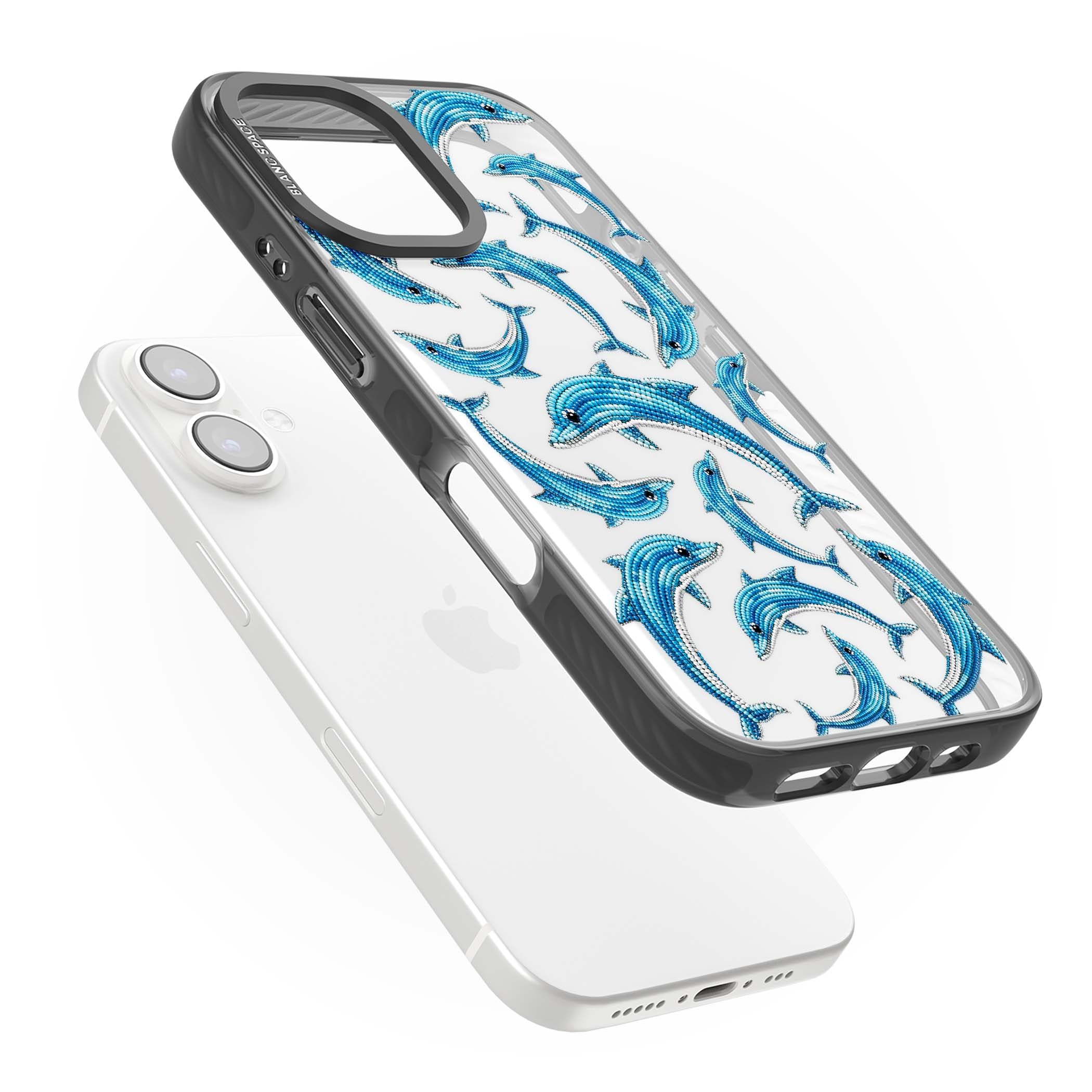 Beaded Dolphins coastal iPhone case featuring beaded dolphins in blue and white swimming across a clear background | Black Impact case for iPhone 16, iPhone 16 Plus