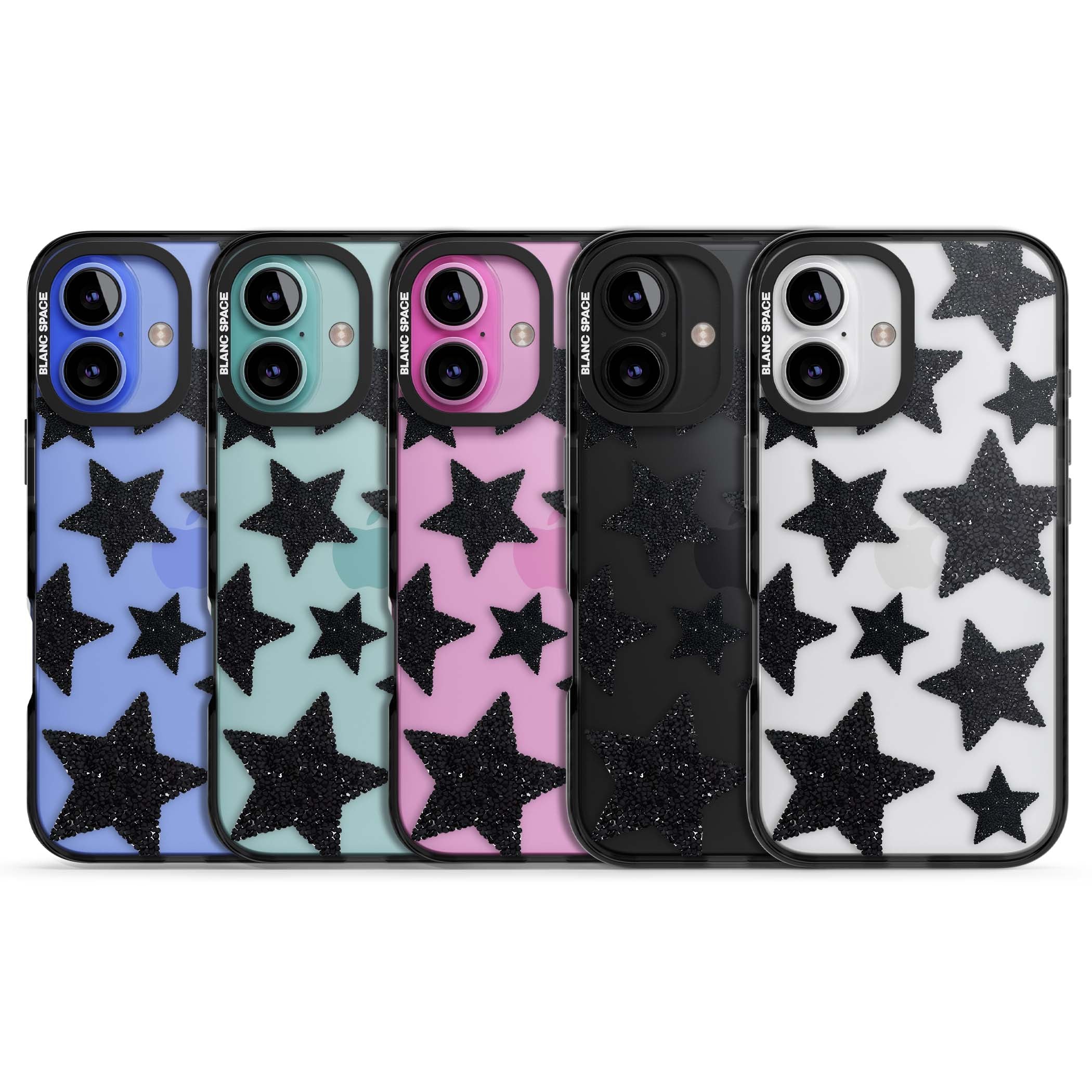 Beaded Black Stars celestial iPhone case featuring black glitter beaded stars scattered on a clear background | Black Impact case for iPhone 16, iPhone 16 Plus