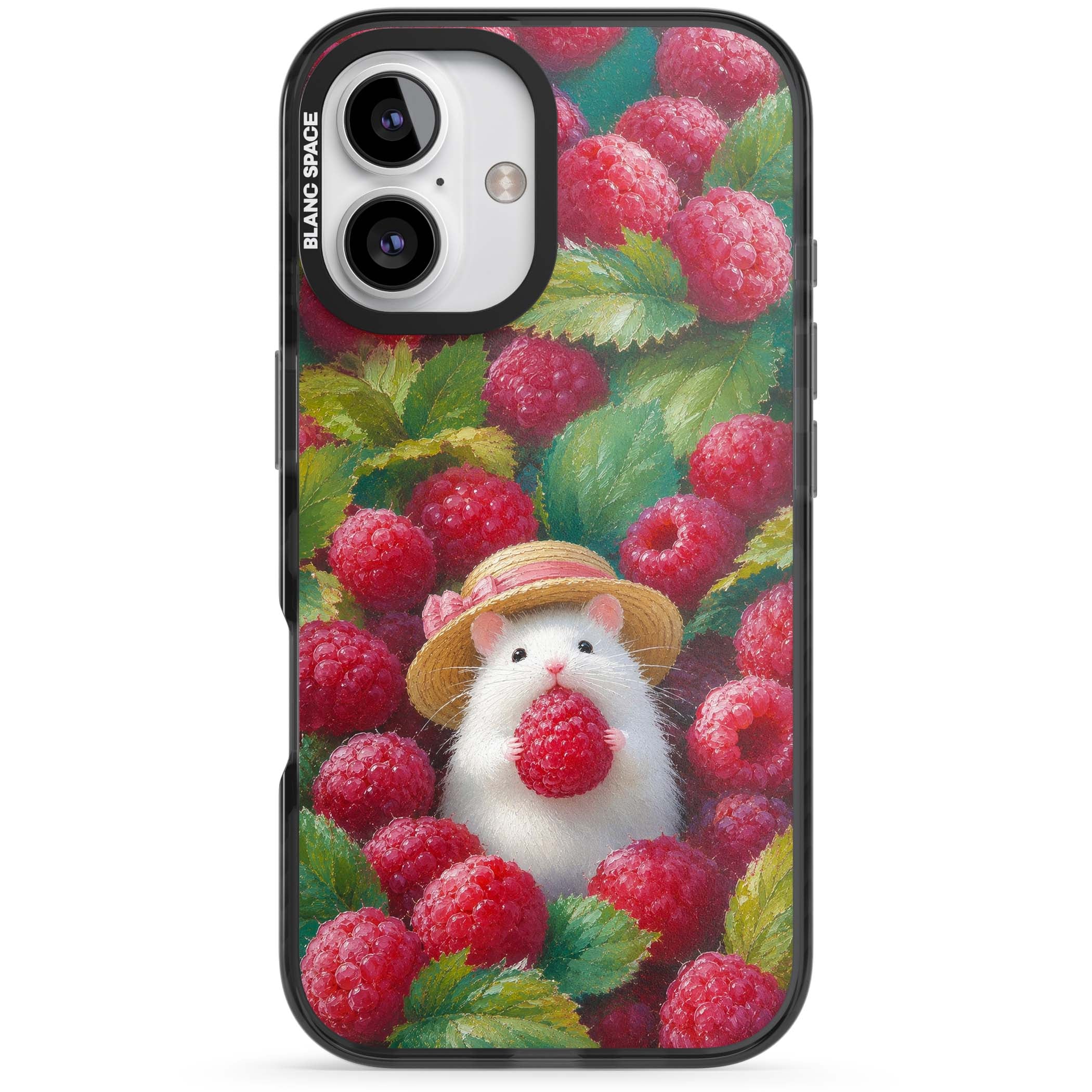 Berry Forager cottagecore iPhone case featuring a white hamster in a straw hat holding a raspberry surrounded by ripe ber | Black Impact case for iPhone 16, iPhone 16 Plus