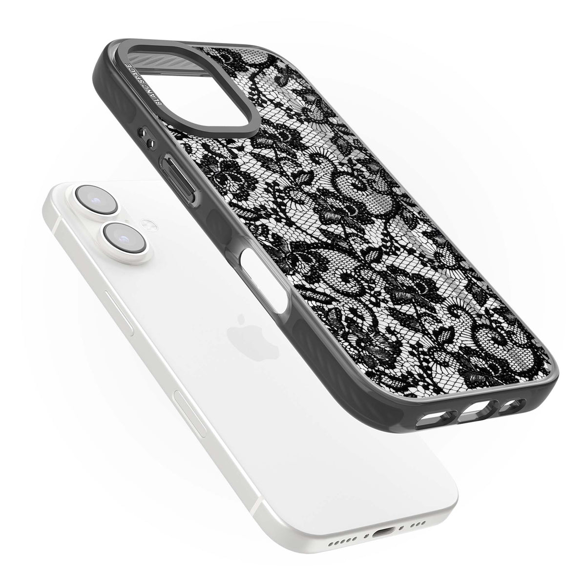 Black Lace gothic iPhone case featuring intricate black floral lace pattern with vintage whimsigoth detail | Black Impact case for iPhone 16, iPhone 16 Plus