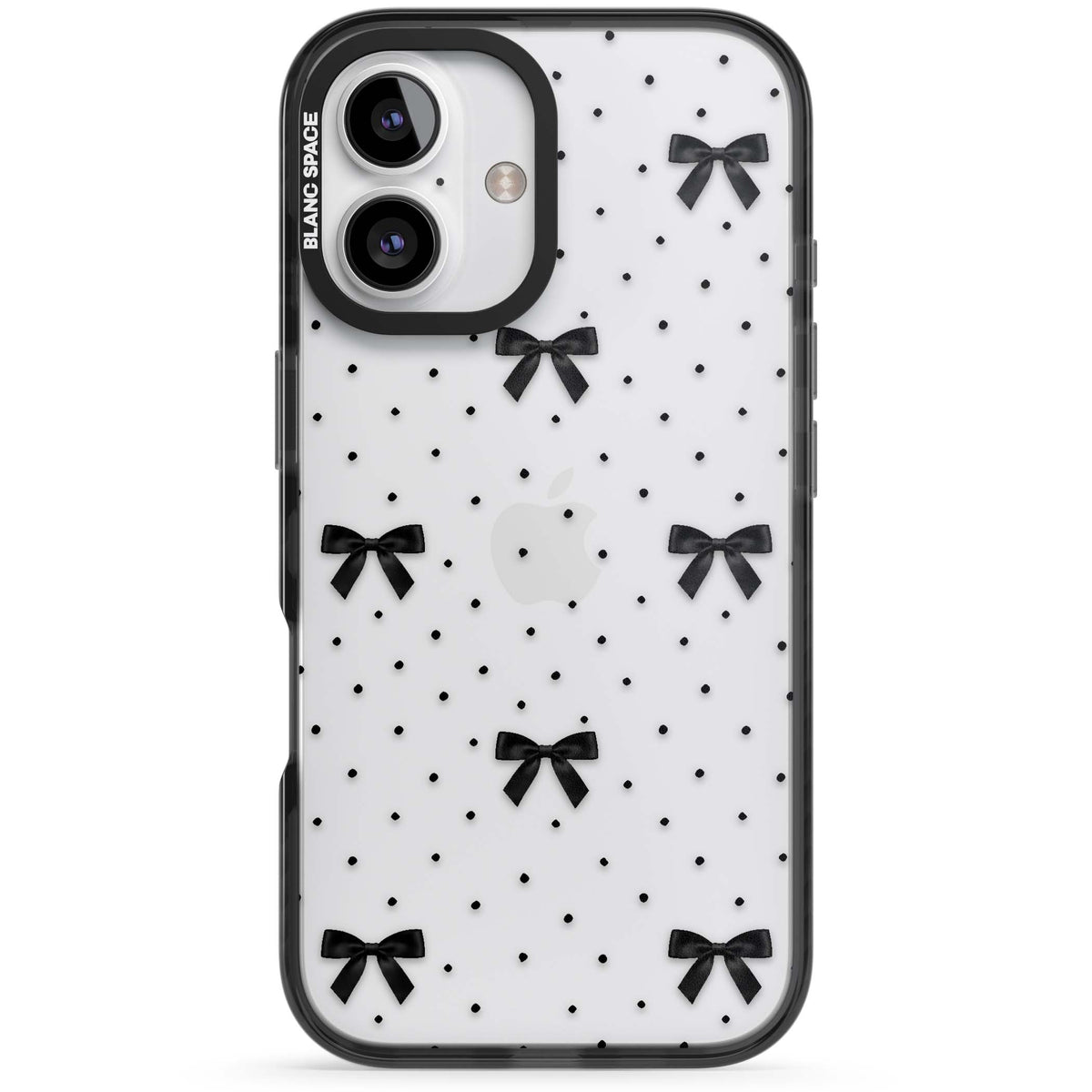 Black Polka Bows coquette iPhone case featuring scattered black satin bows and tiny polka dots on a clear base | Black Impact case for iPhone 16, iPhone 16 Plus