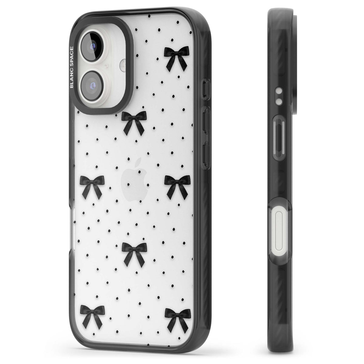 Black Polka Bows coquette iPhone case featuring scattered black satin bows and tiny polka dots on a clear base | Black Impact case for iPhone 16, iPhone 16 Plus