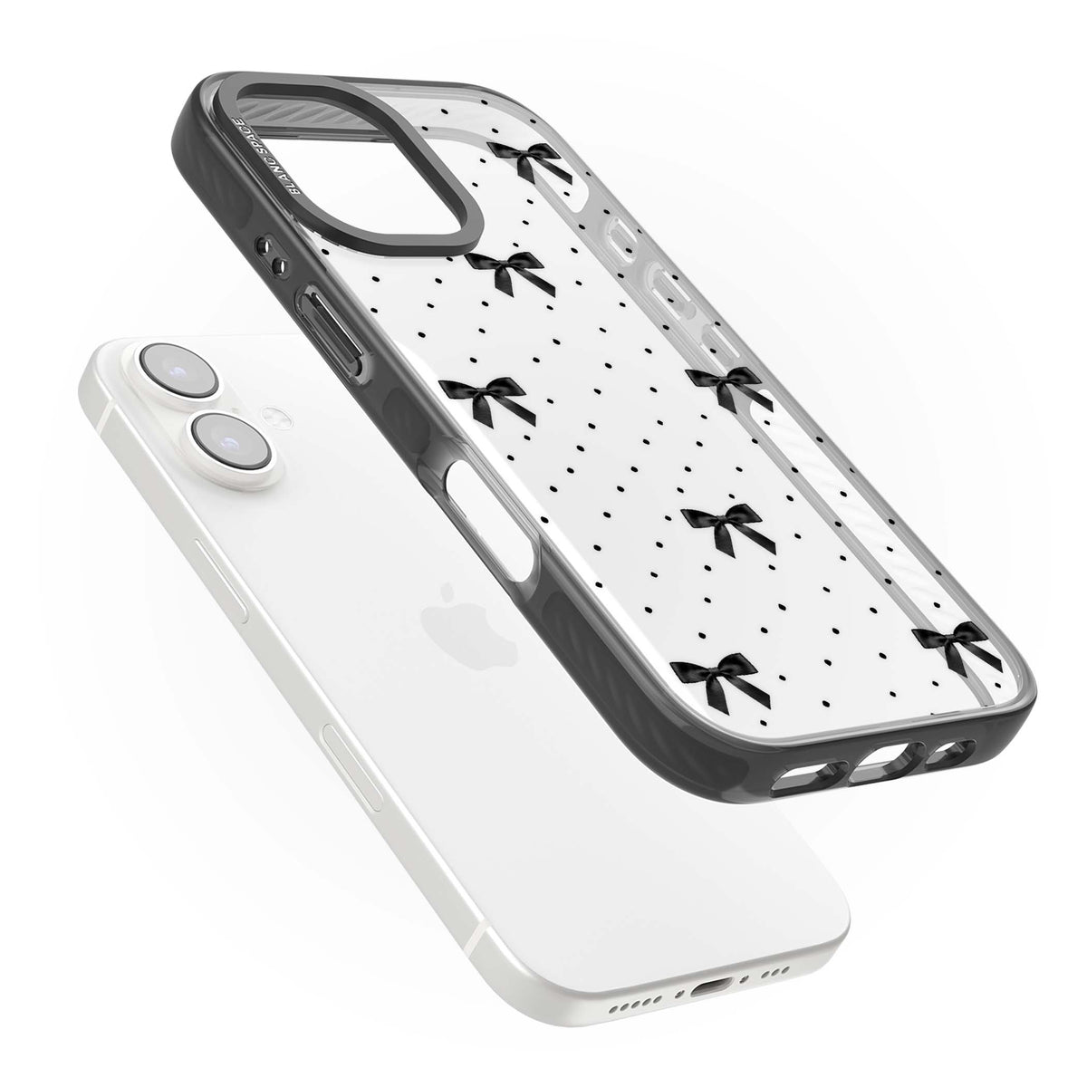 Black Polka Bows coquette iPhone case featuring scattered black satin bows and tiny polka dots on a clear base | Black Impact case for iPhone 16, iPhone 16 Plus