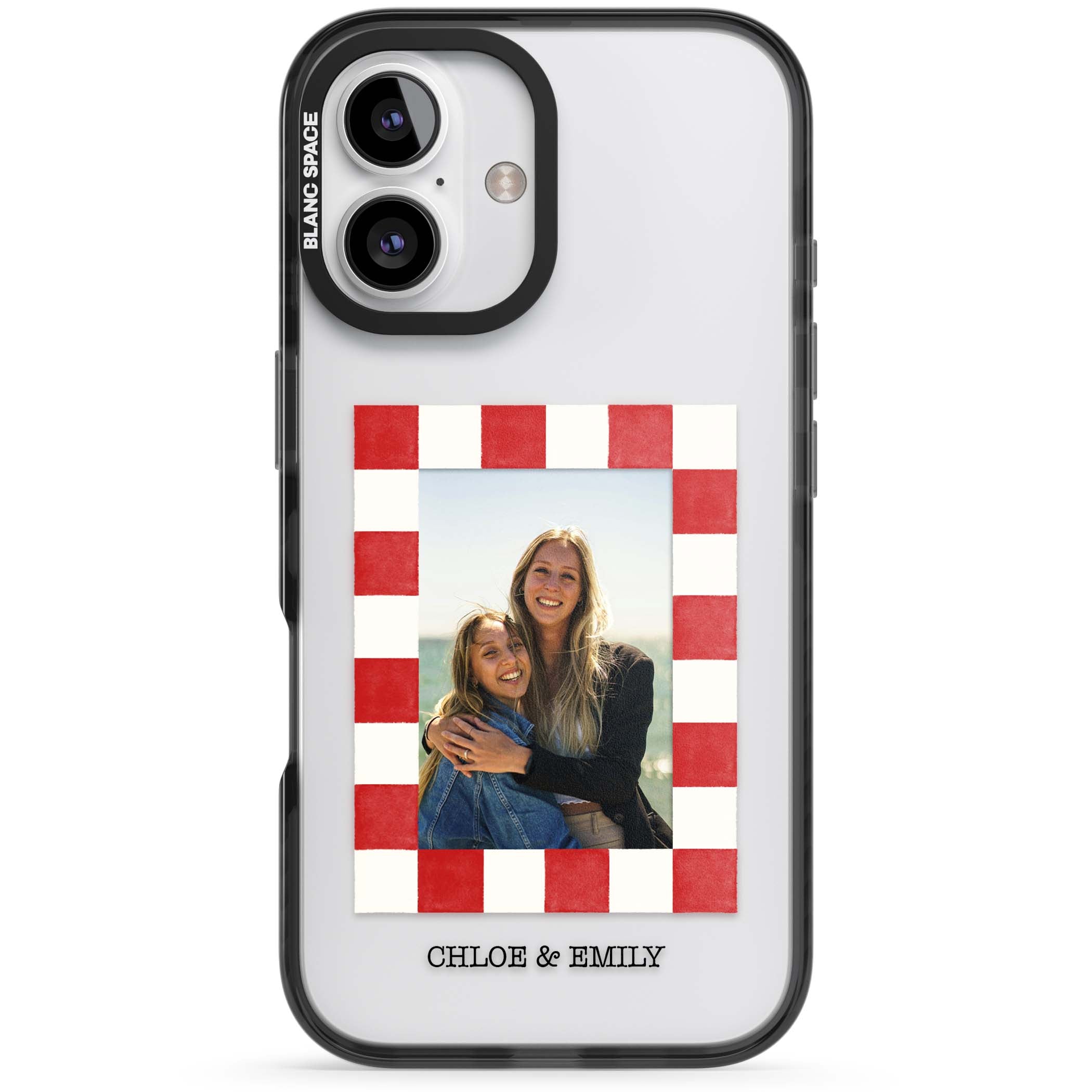 Red Check Photo personalised photo iPhone case with red and white checkered polaroid frame and custom couple name | Black Impact case for iPhone 16, iPhone 16 Plus