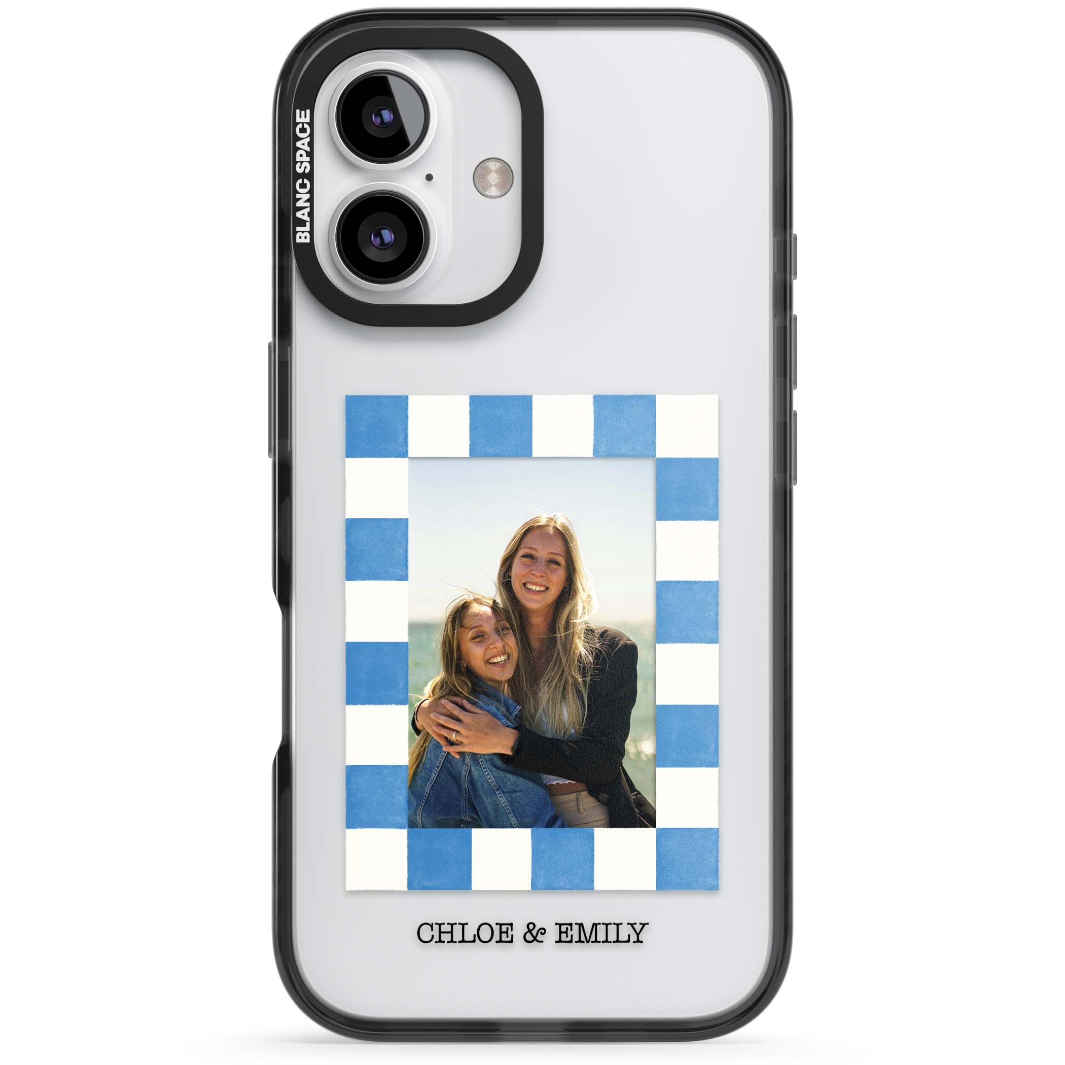 Blue Check Photo personalised photo iPhone case with blue checkered frame and custom couple names | Black Impact case for iPhone 16, iPhone 16 Plus