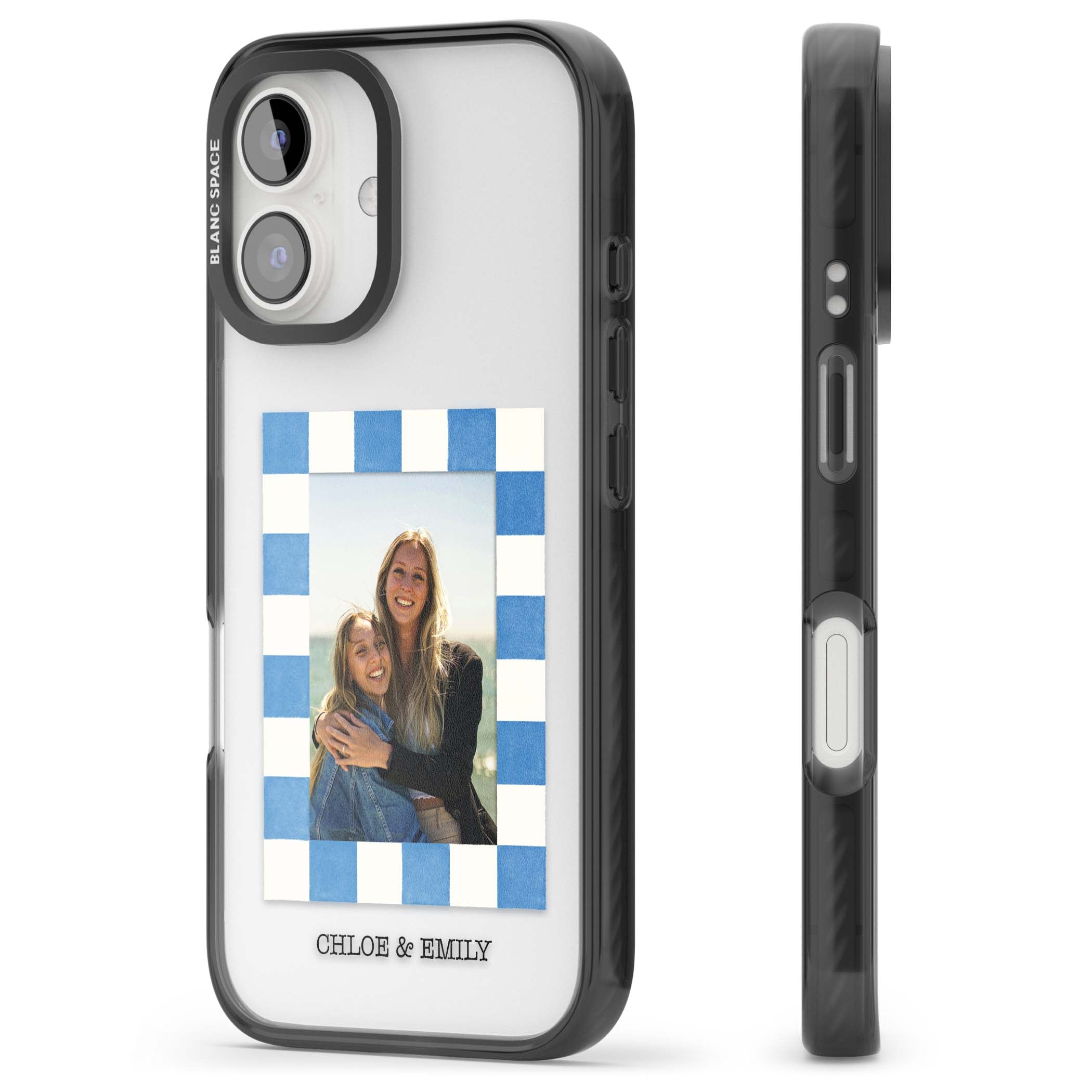 Blue Check Photo personalised photo iPhone case with blue checkered frame and custom couple names | Black Impact case for iPhone 16, iPhone 16 Plus