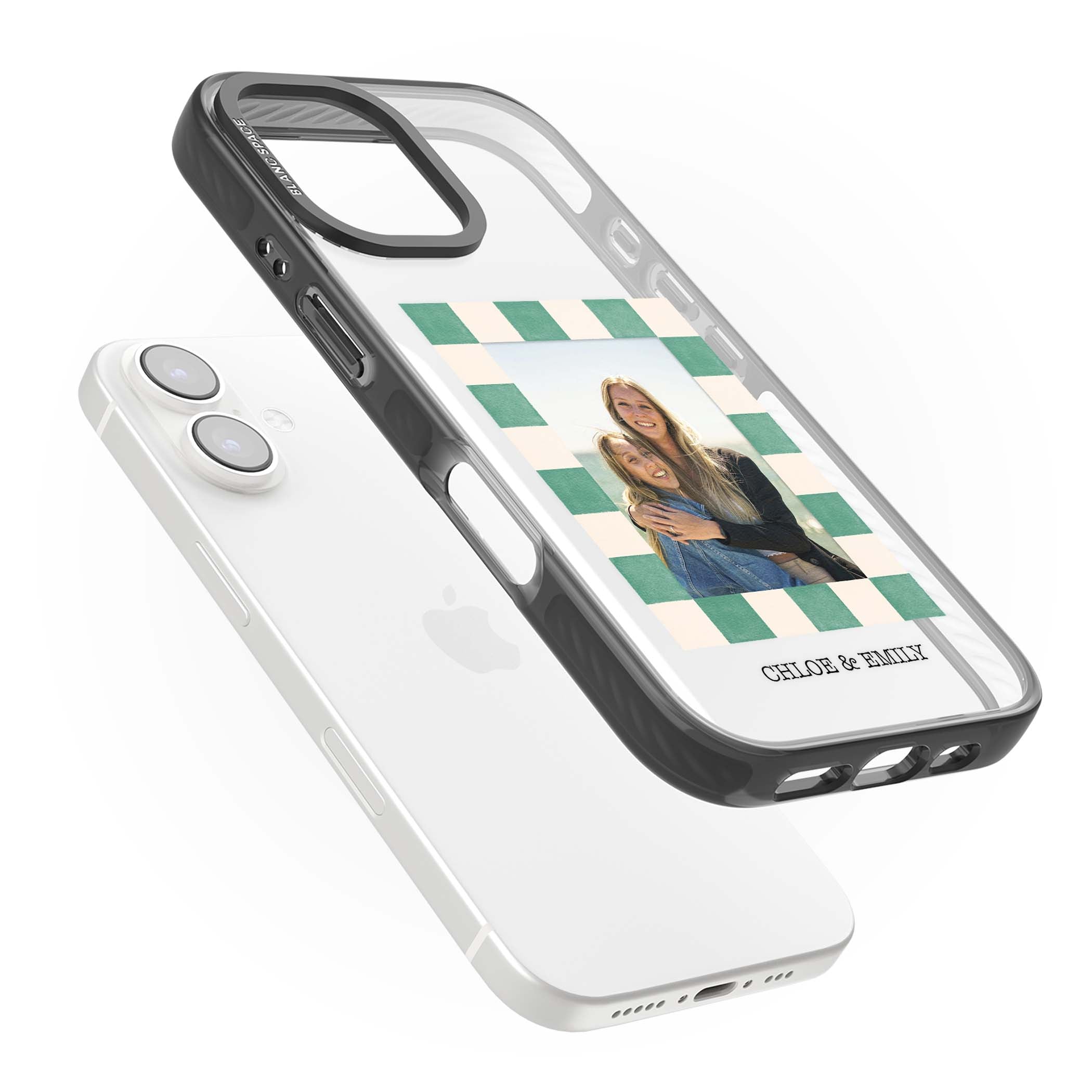Seafoam Check Photo personalised iPhone case featuring a custom polaroid photo, green and cream checkered frame, and custom n | Black Impact case for iPhone 16, iPhone 16 Plus
