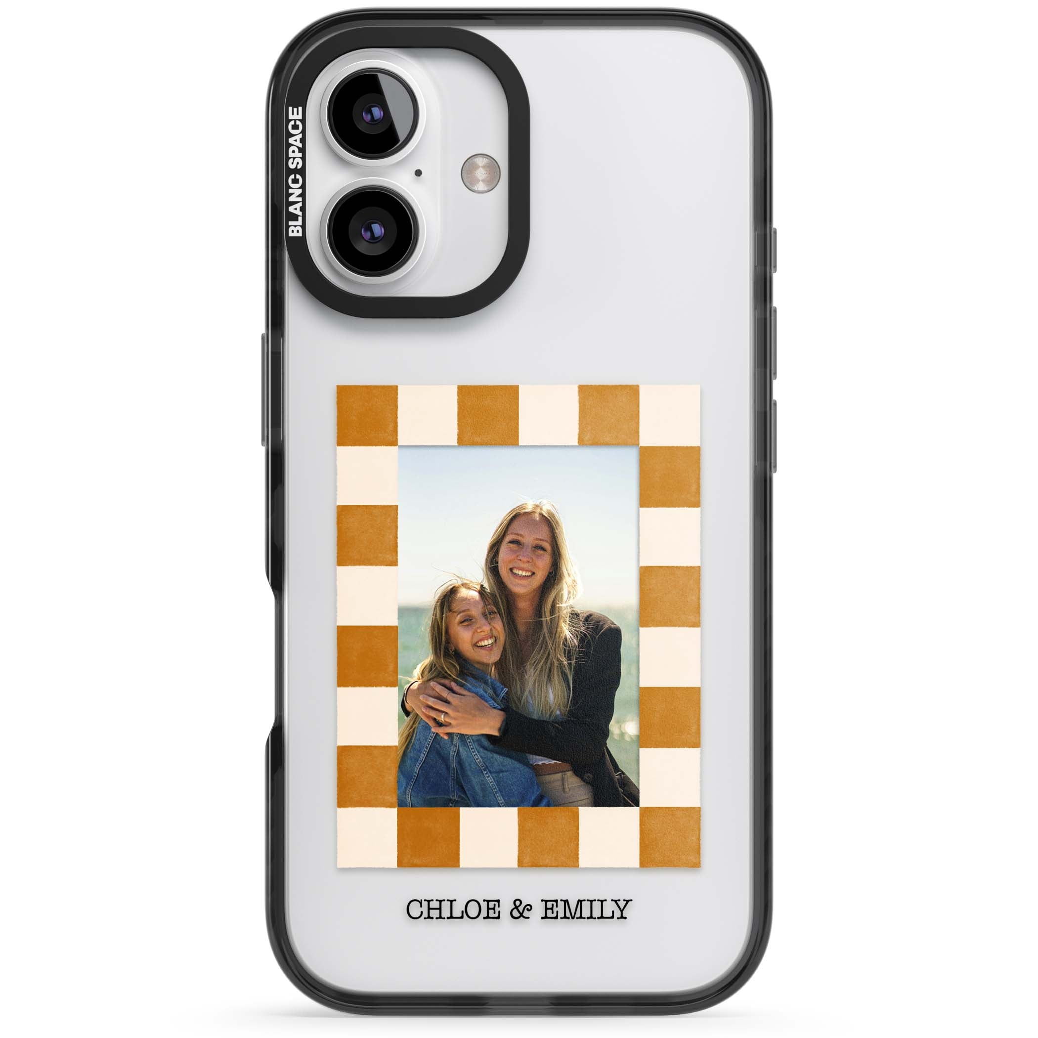 Citrus Check Photo personalised iPhone case with custom photo, orange checkered frame and names underneath | Black Impact case for iPhone 16, iPhone 16 Plus