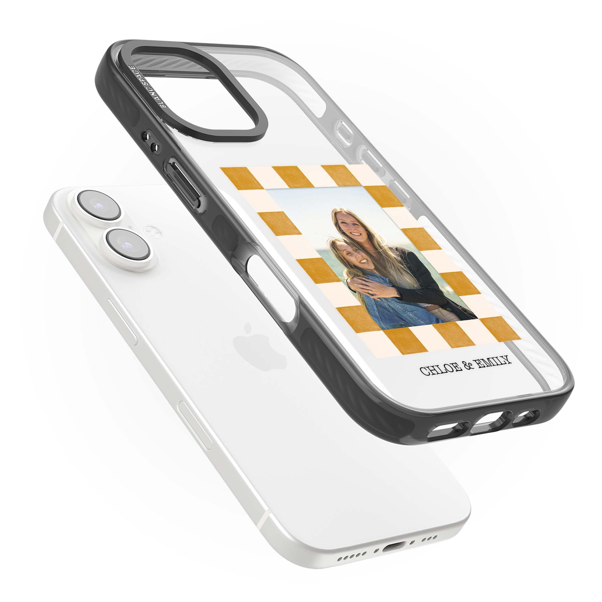 Citrus Check Photo personalised iPhone case with custom photo, orange checkered frame and names underneath | Black Impact case for iPhone 16, iPhone 16 Plus