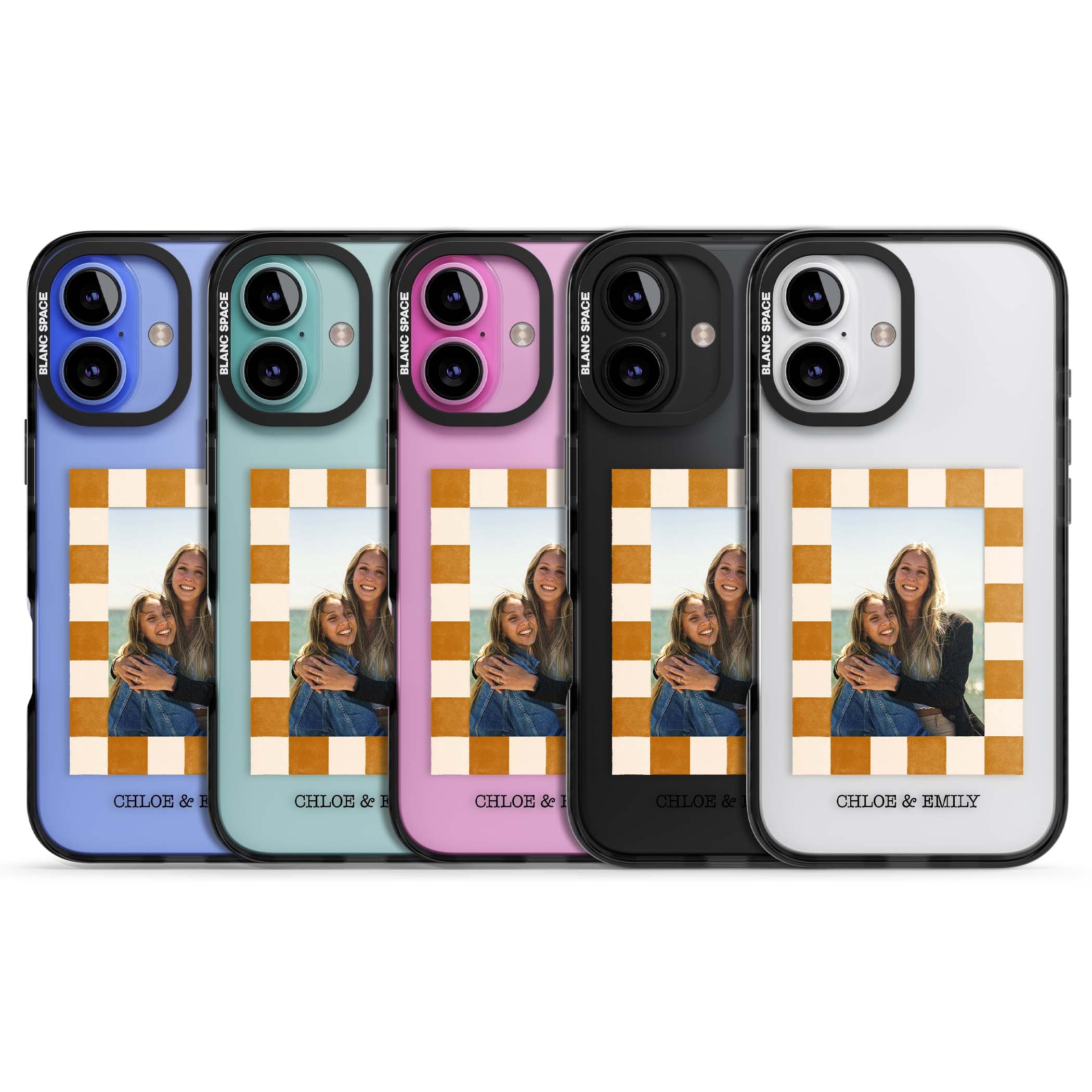 Citrus Check Photo personalised iPhone case with custom photo, orange checkered frame and names underneath | Black Impact case for iPhone 16, iPhone 16 Plus