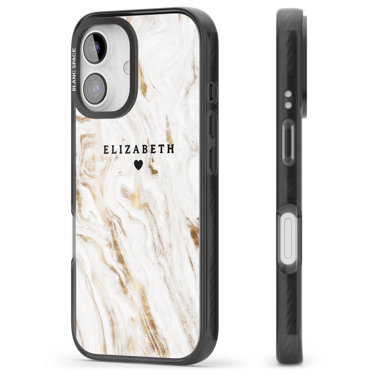 iPhone 16 Pro Max Personalised White & Gold Swirl Marble Black Impact Phone Case