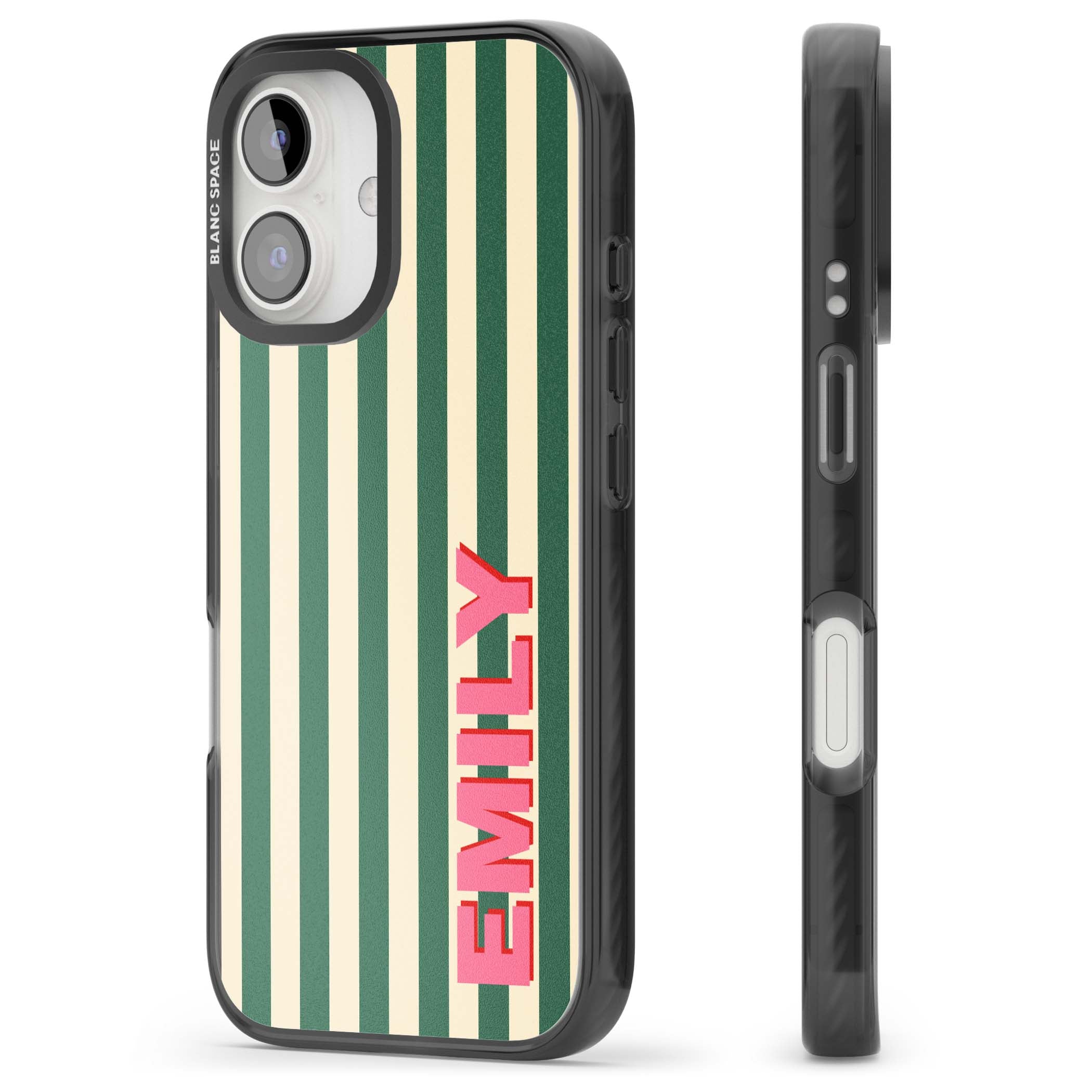 Wimbledon Stripe preppy iPhone case featuring green and cream vertical stripes with a personalised pink name | Black Impact case for iPhone 16, iPhone 16 Plus