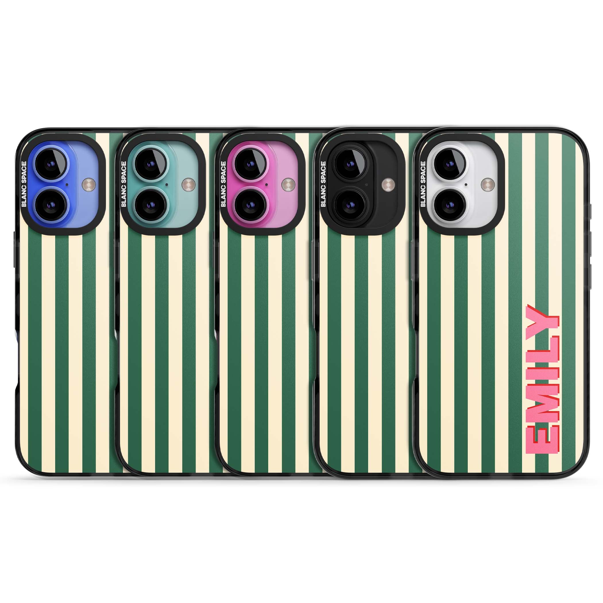 Wimbledon Stripe preppy iPhone case featuring green and cream vertical stripes with a personalised pink name | Black Impact case for iPhone 16, iPhone 16 Plus