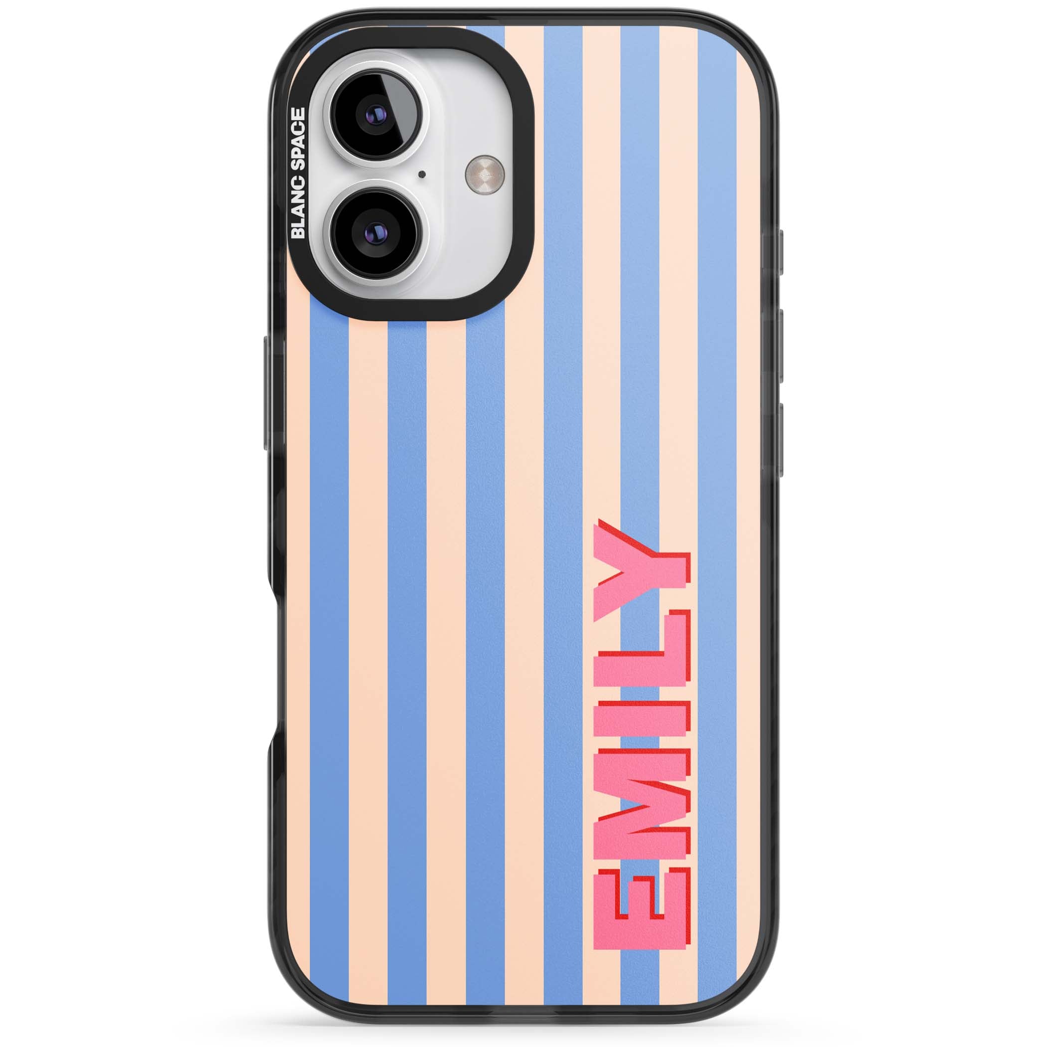 Coastal Stripe personalised coastal iPhone case with blue and peach vertical stripes and custom pink name | Black Impact case for iPhone 16, iPhone 16 Plus
