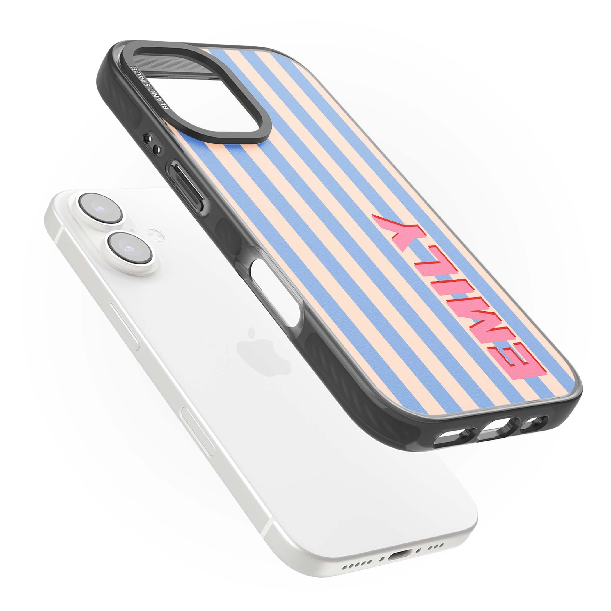 Coastal Stripe personalised coastal iPhone case with blue and peach vertical stripes and custom pink name | Black Impact case for iPhone 16, iPhone 16 Plus