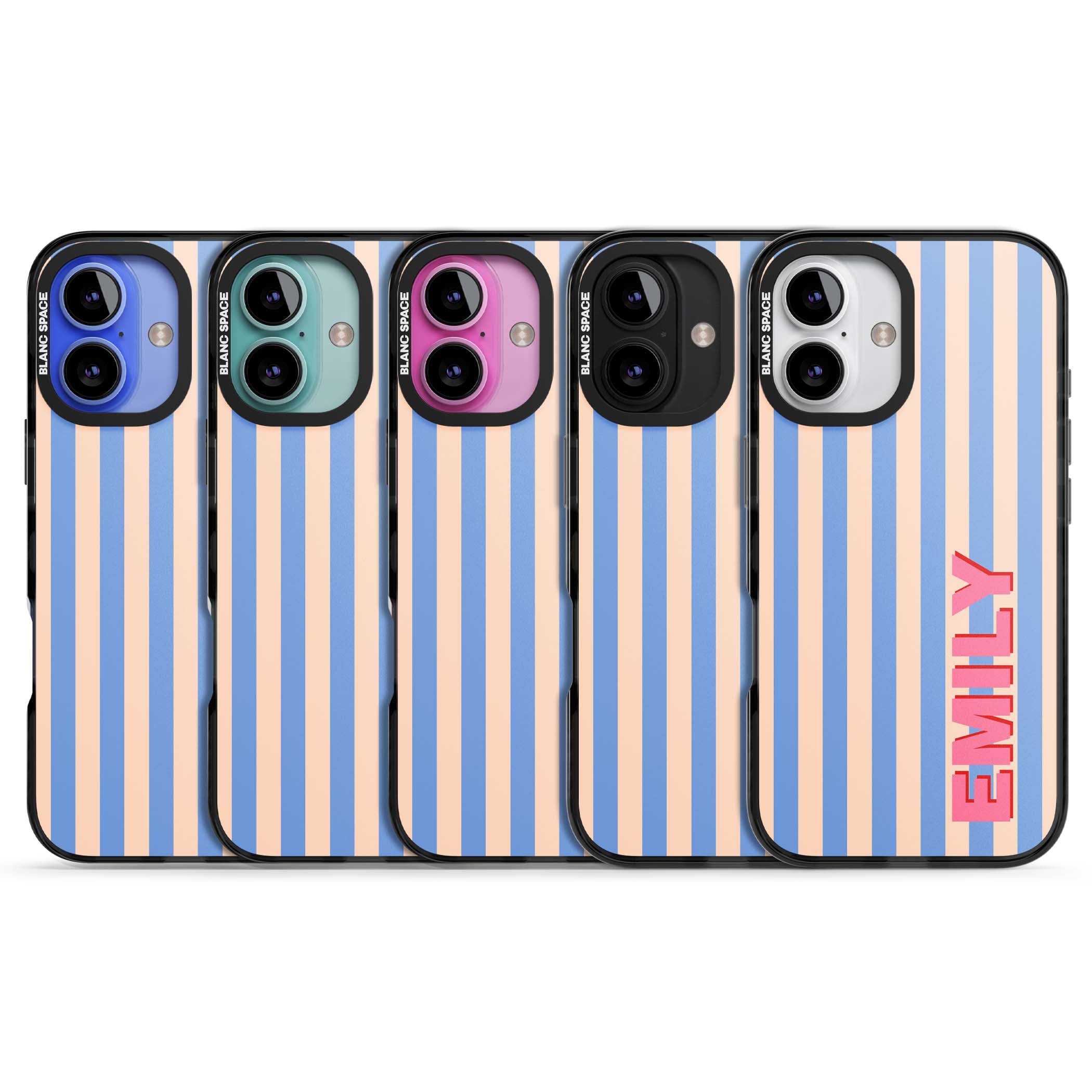 Coastal Stripe personalised coastal iPhone case with blue and peach vertical stripes and custom pink name | Black Impact case for iPhone 16, iPhone 16 Plus