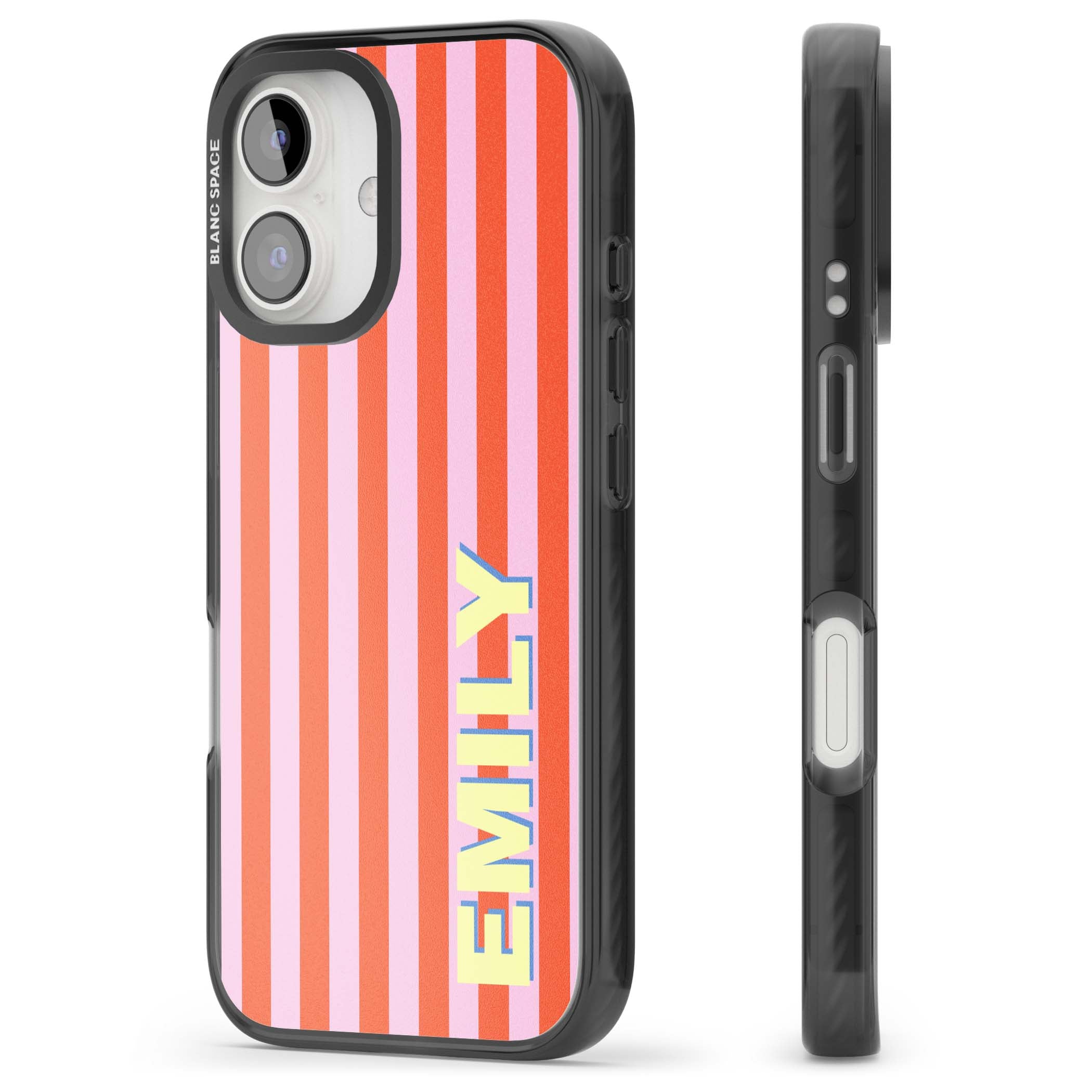 Havana Stripe personalised iPhone case featuring pink and orange vertical stripes with a custom yellow name | Black Impact case for iPhone 16, iPhone 16 Plus