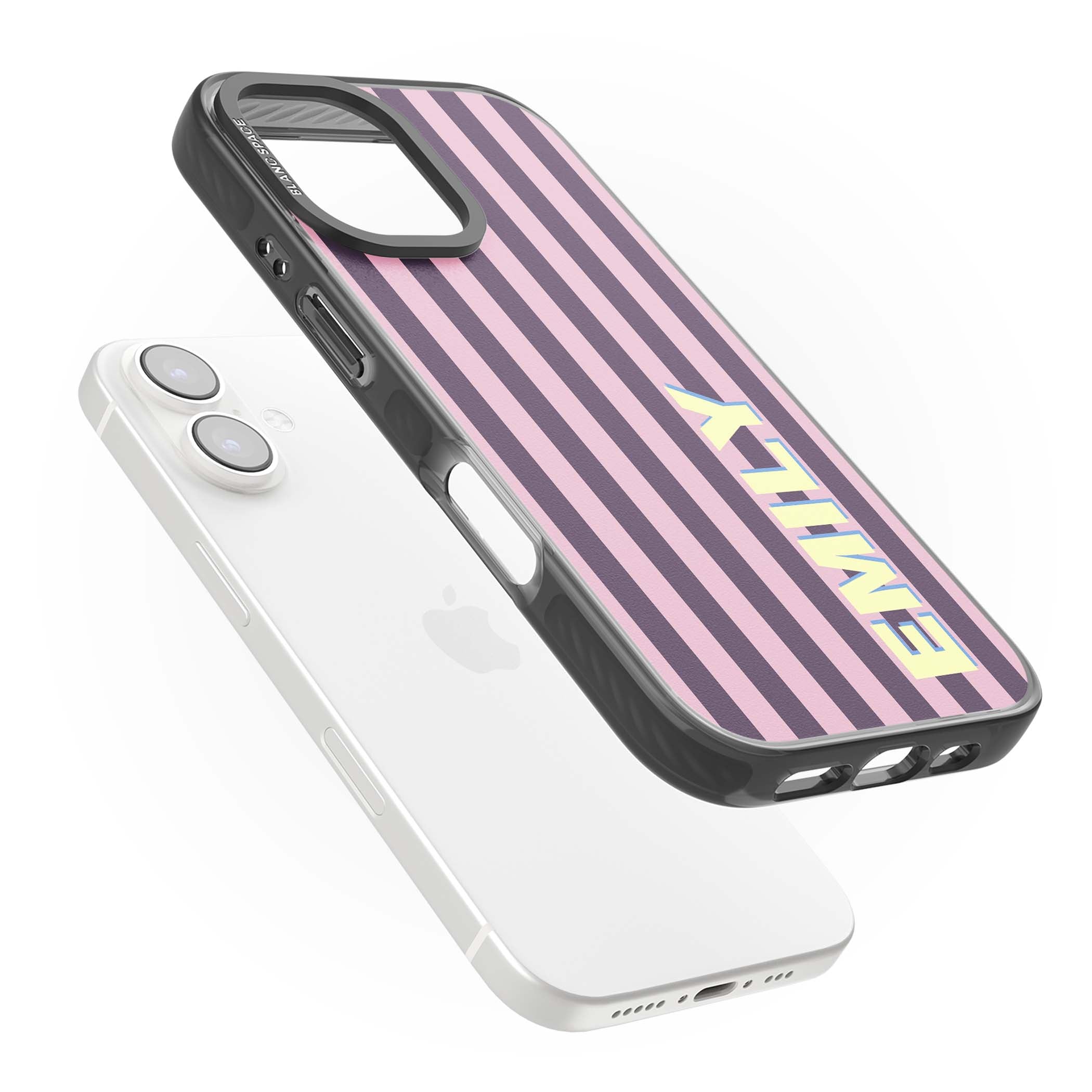 Tyre Stripe personalised stripe iPhone case with plum and pink vertical stripes and custom yellow name | Black Impact case for iPhone 16, iPhone 16 Plus