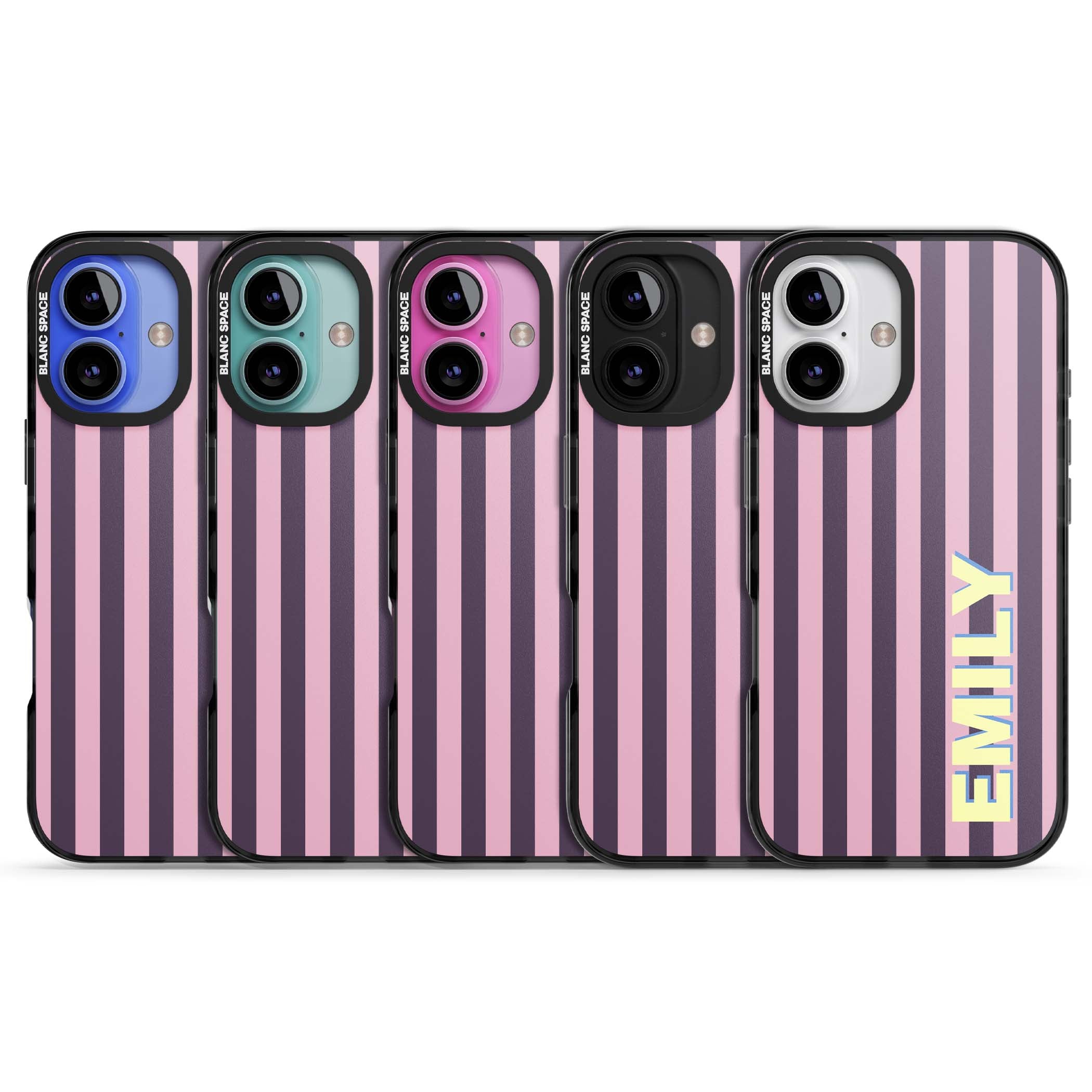 Tyre Stripe personalised stripe iPhone case with plum and pink vertical stripes and custom yellow name | Black Impact case for iPhone 16, iPhone 16 Plus