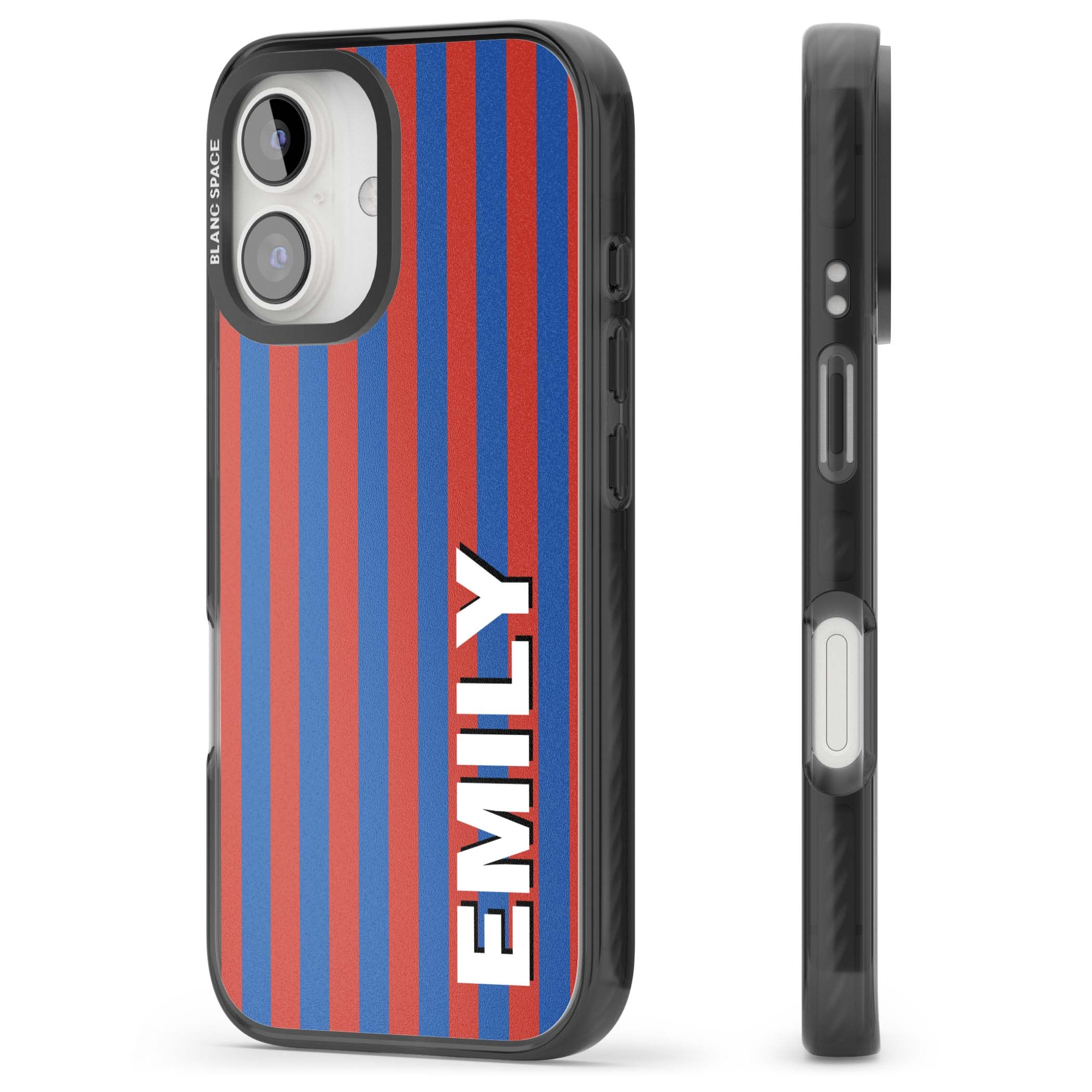 Cuban Stripe personalised iPhone case featuring red and blue vertical stripes with custom name in bold white letters | Black Impact case for iPhone 16, iPhone 16 Plus