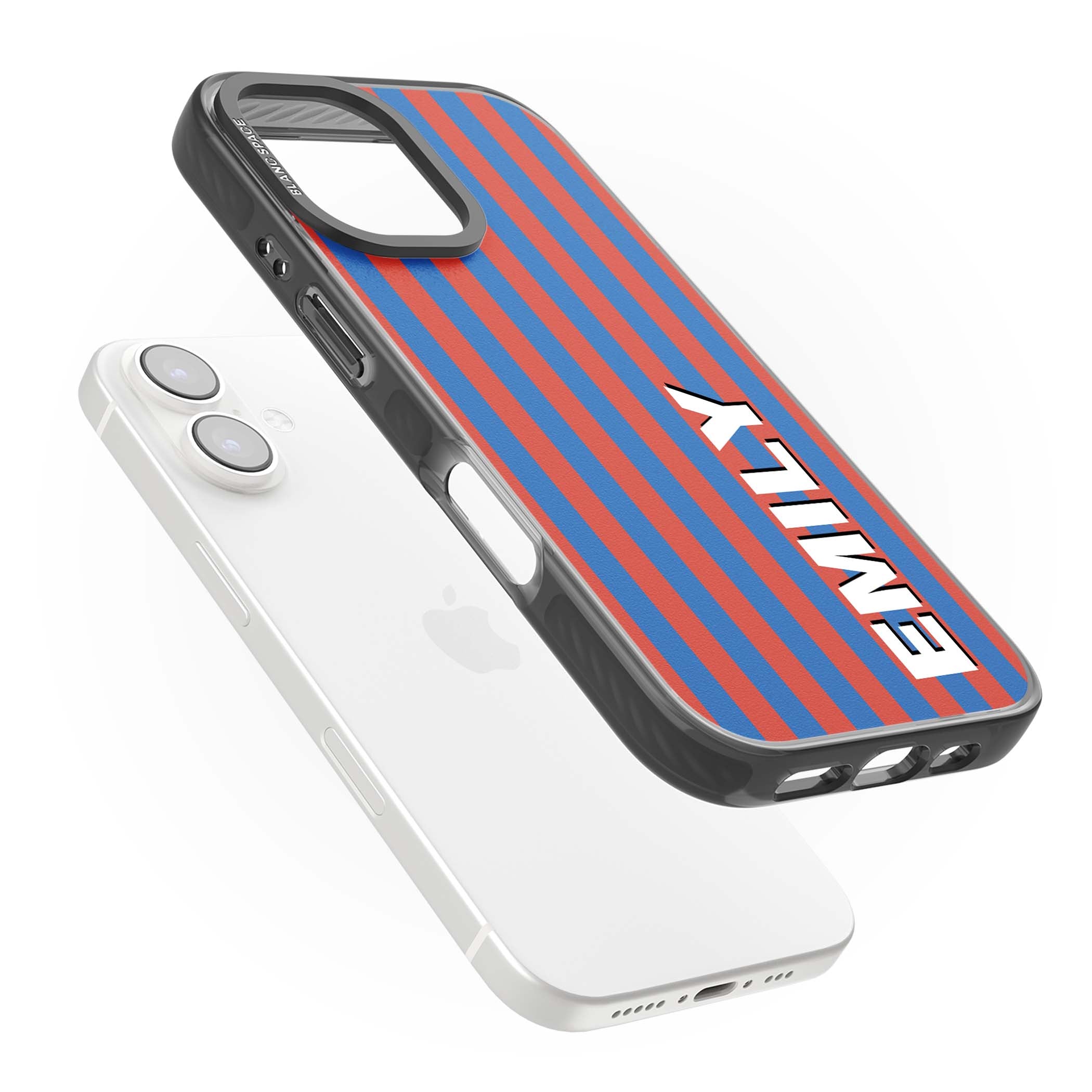 Cuban Stripe personalised iPhone case featuring red and blue vertical stripes with custom name in bold white letters | Black Impact case for iPhone 16, iPhone 16 Plus