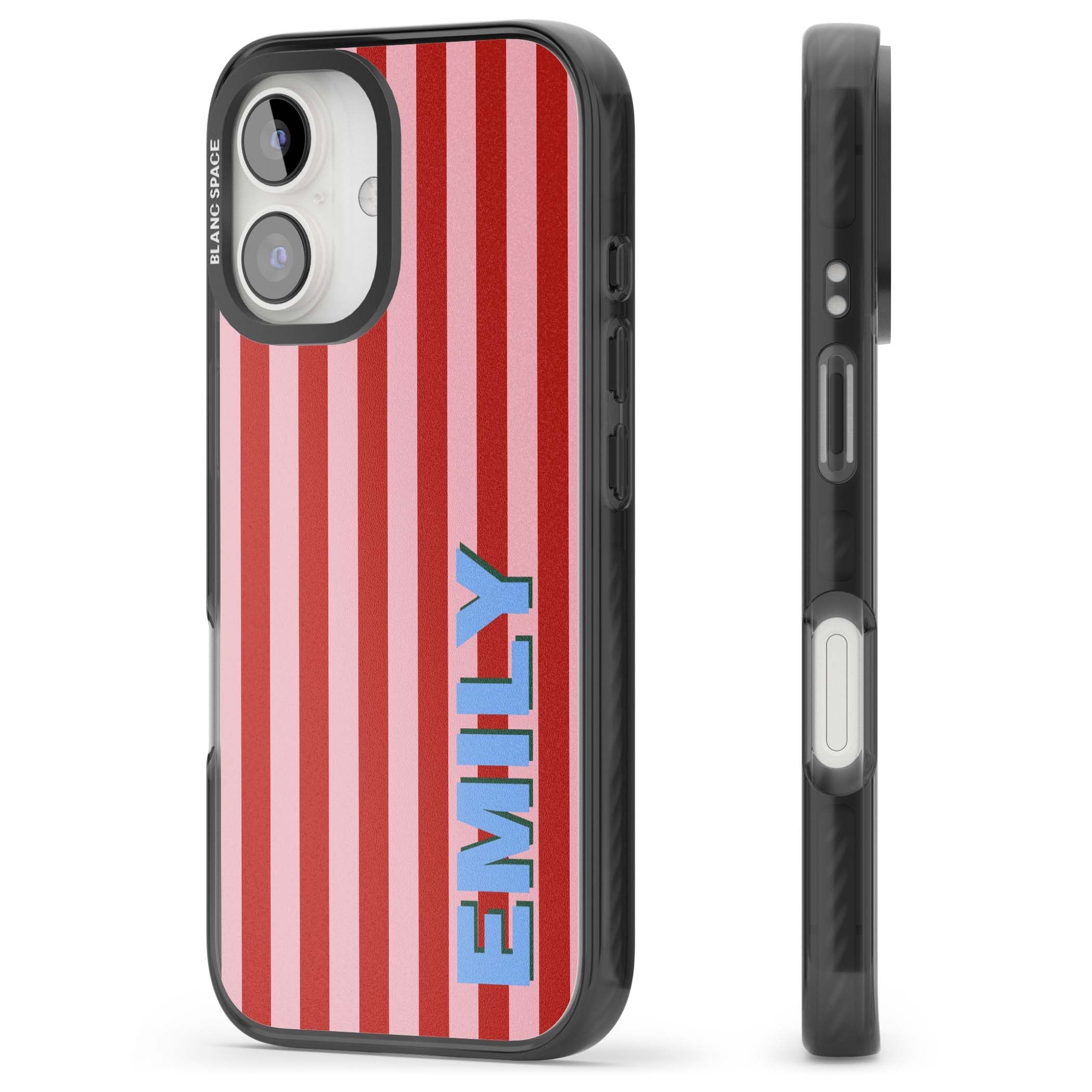 Market Stripe personalised iPhone case with red and pink vertical stripes and custom blue name | Black Impact case for iPhone 16, iPhone 16 Plus