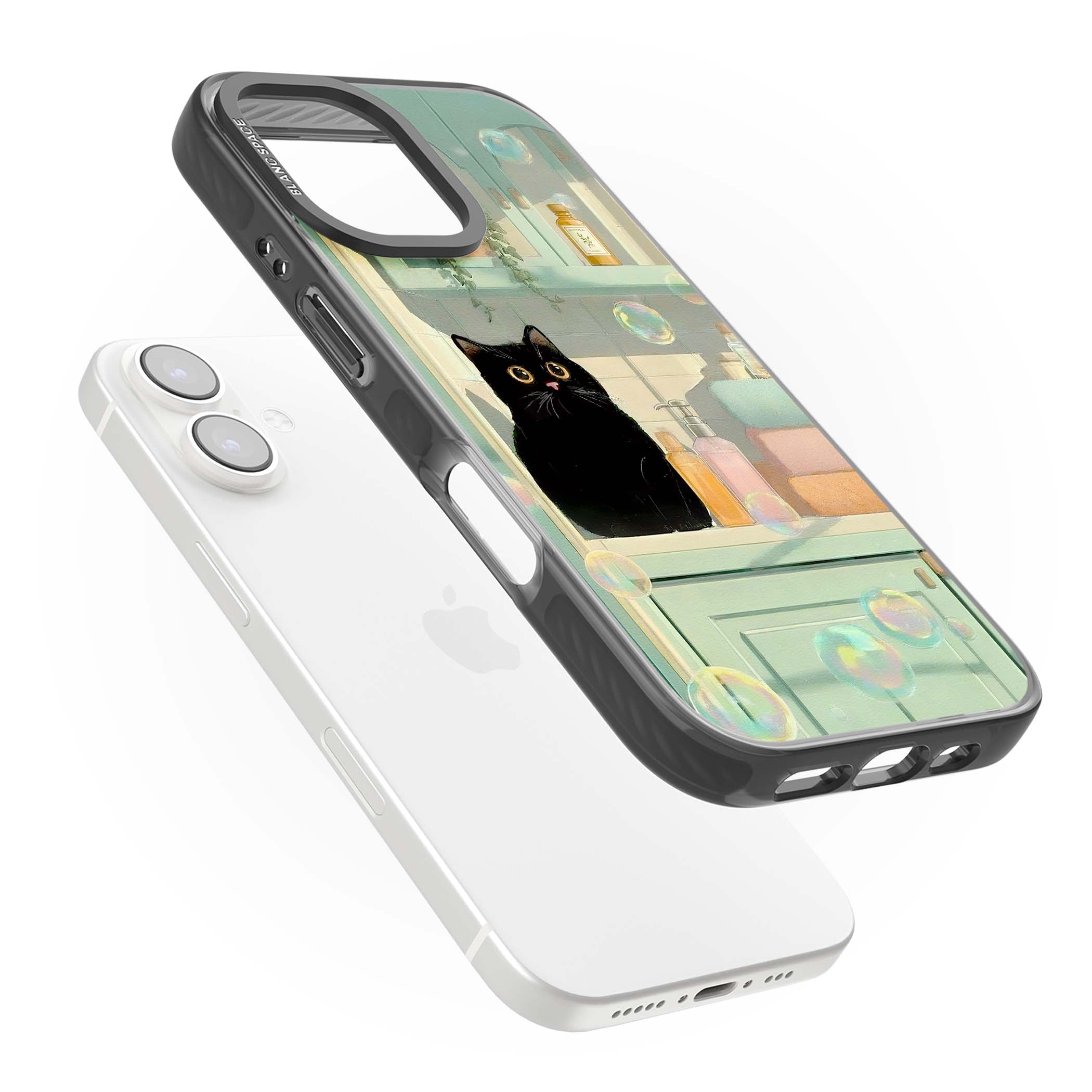 Bathroom Bubble Kitty cottagecore iPhone case featuring a black cat, mint bathroom scene and floating soap bubbles | Black Impact case for iPhone 16, iPhone 16 Plus