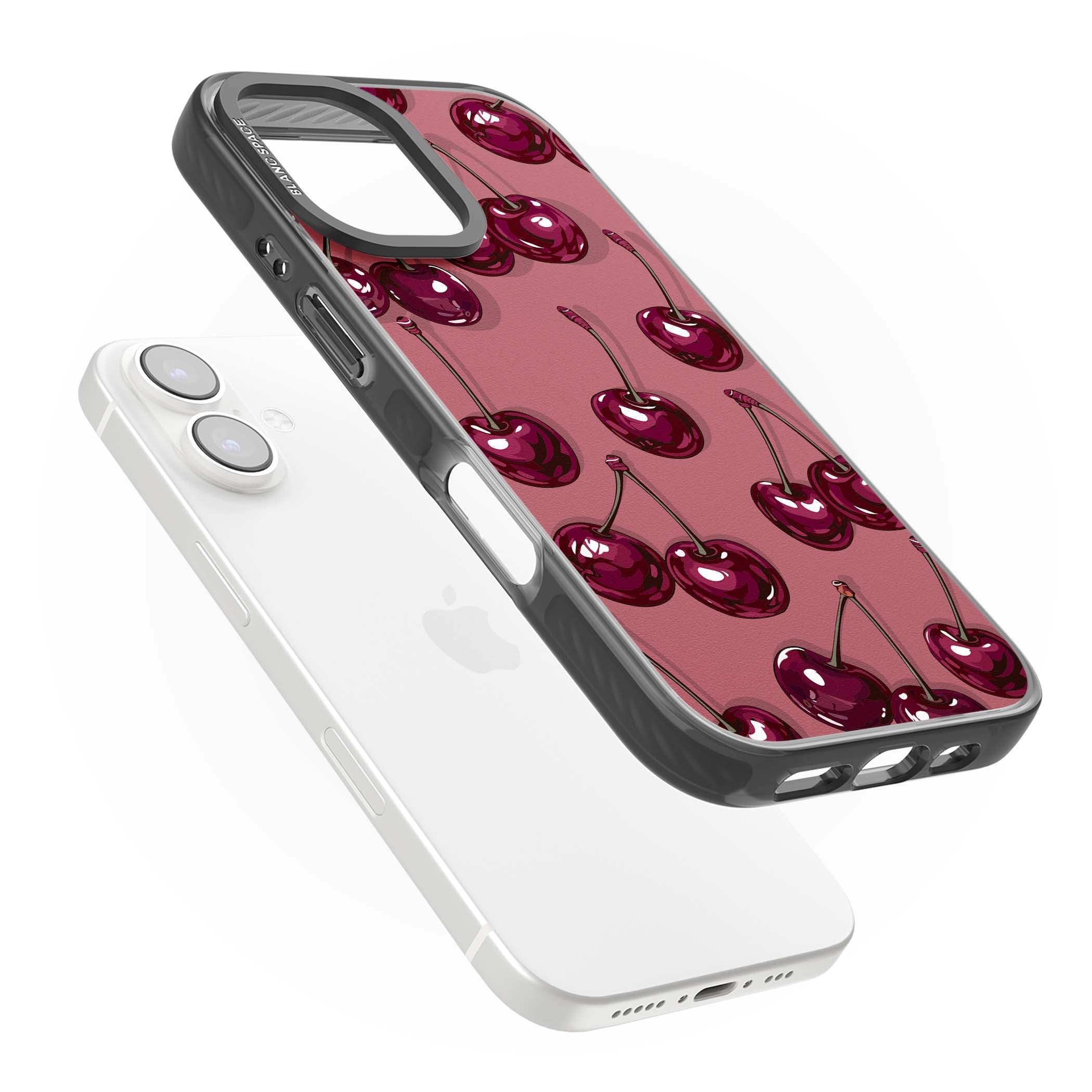 Cherry Rebel coquette iPhone case featuring glossy burgundy cherries on a dusty rose background | Black Impact case for iPhone 16, iPhone 16 Plus