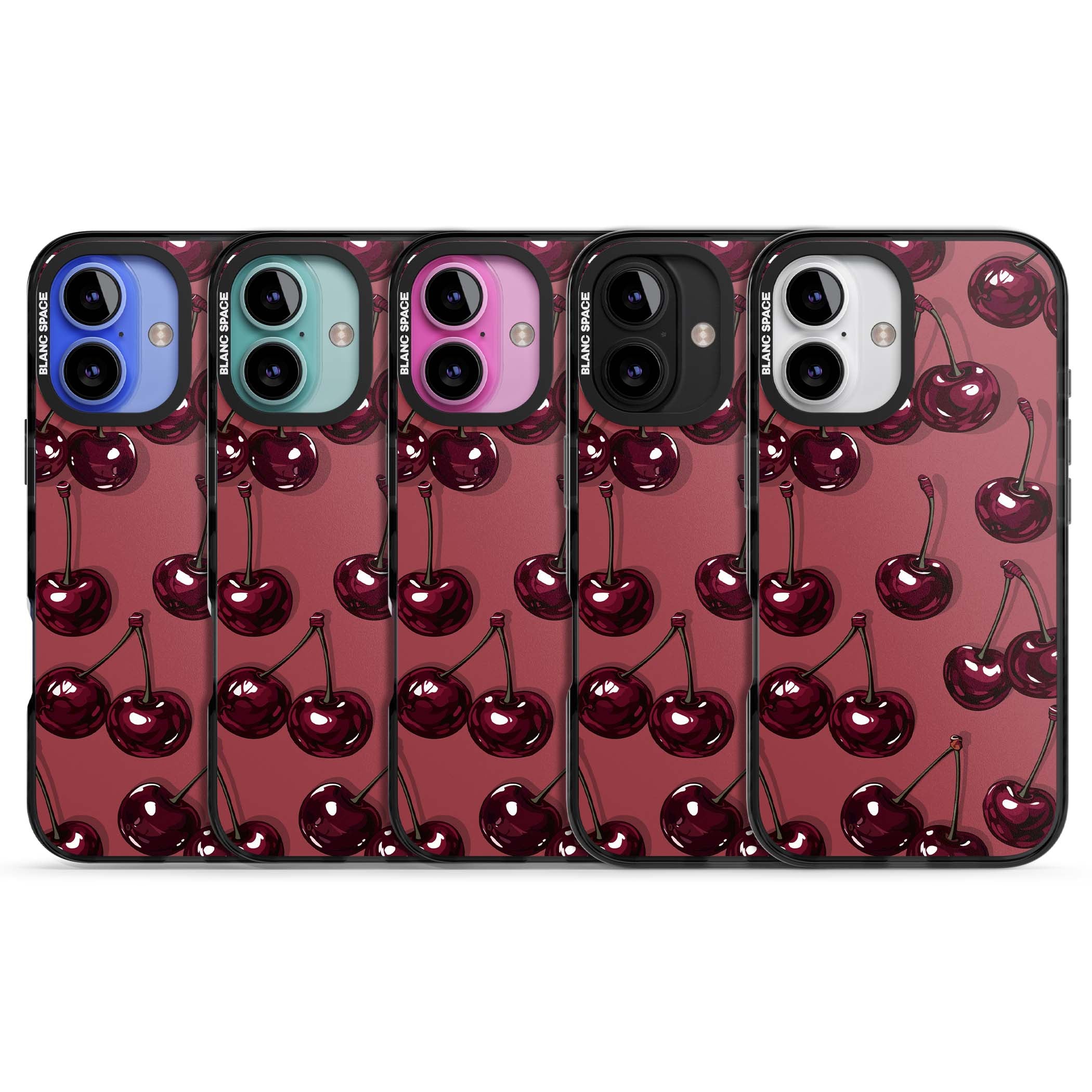 Cherry Rebel coquette iPhone case featuring glossy burgundy cherries on a dusty rose background | Black Impact case for iPhone 16, iPhone 16 Plus