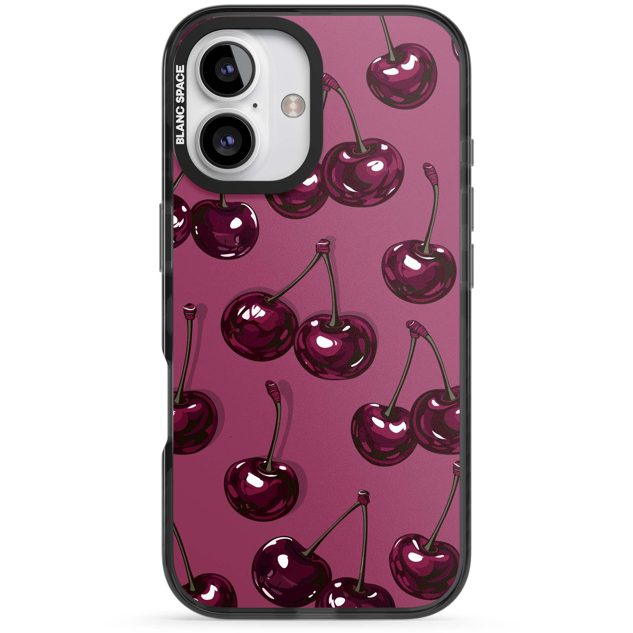 Cherry Soda coquette iPhone case featuring glossy burgundy cherries on a dusty pink background | Black Impact case for iPhone 16, iPhone 16 Plus