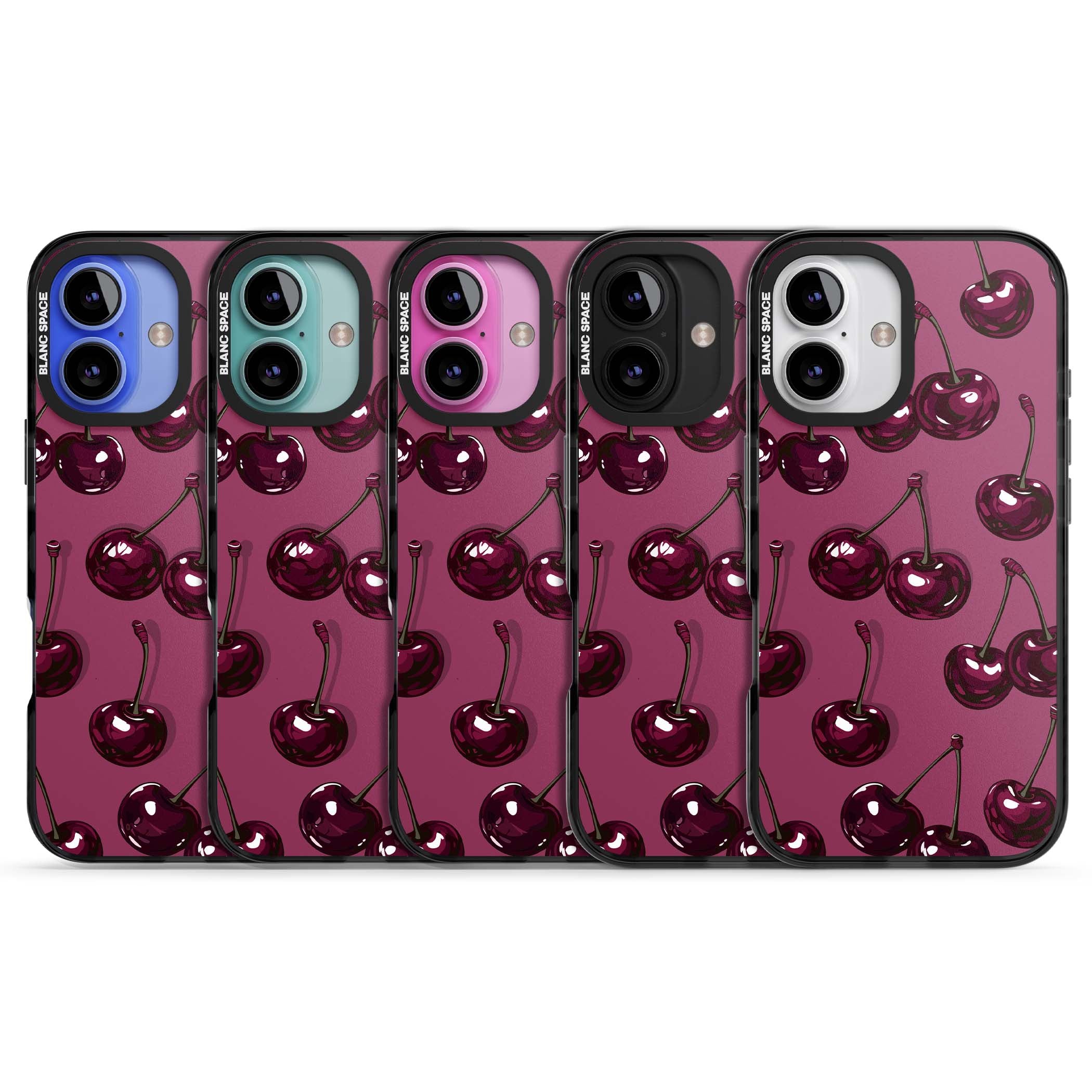 Cherry Soda coquette iPhone case featuring glossy burgundy cherries on a dusty pink background | Black Impact case for iPhone 16, iPhone 16 Plus