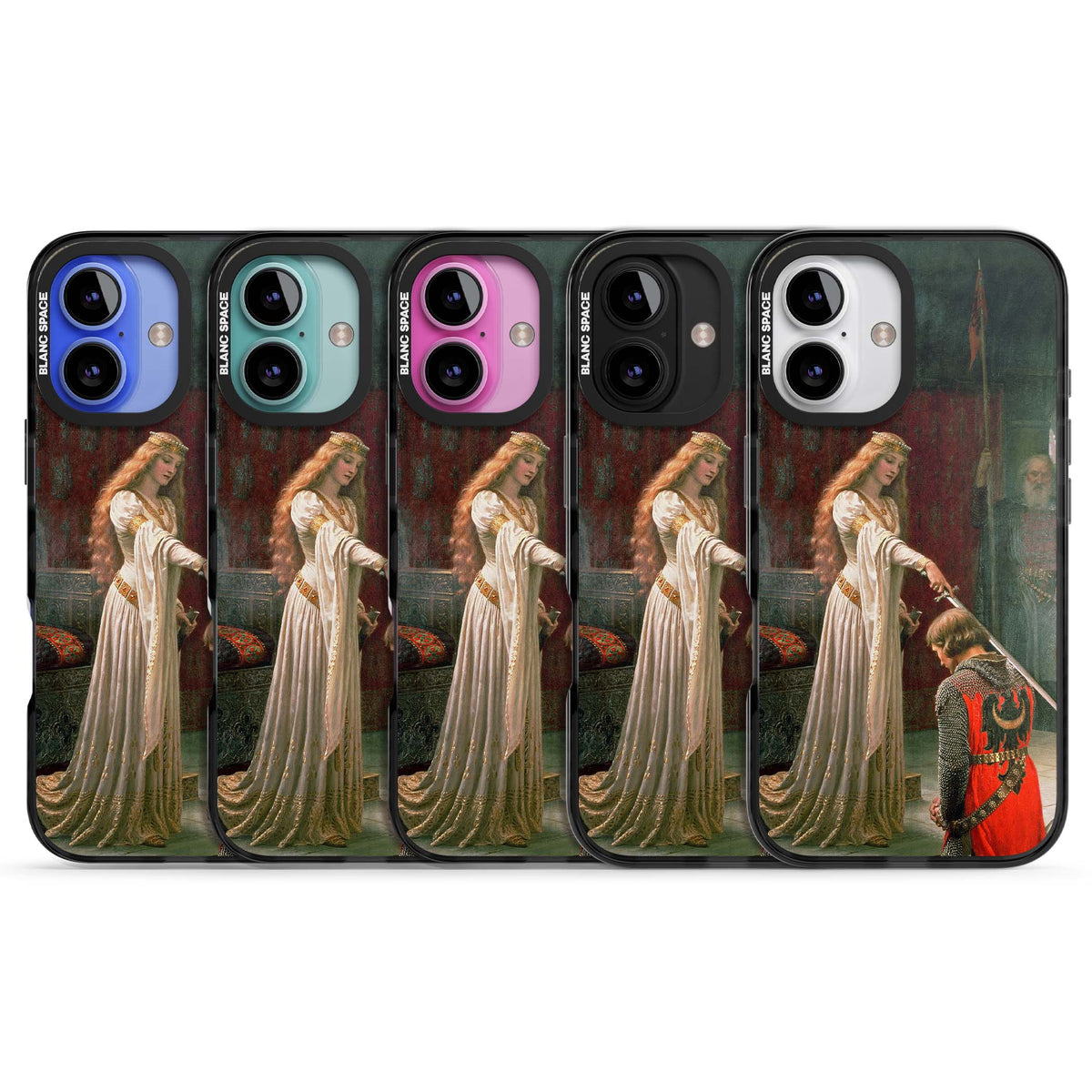 The Accolade renaissance art iPhone case featuring Edmund Blair Leighton's painting of a queen knighting a kneeling knight | Black Impact case for iPhone 16, iPhone 16 Plus
