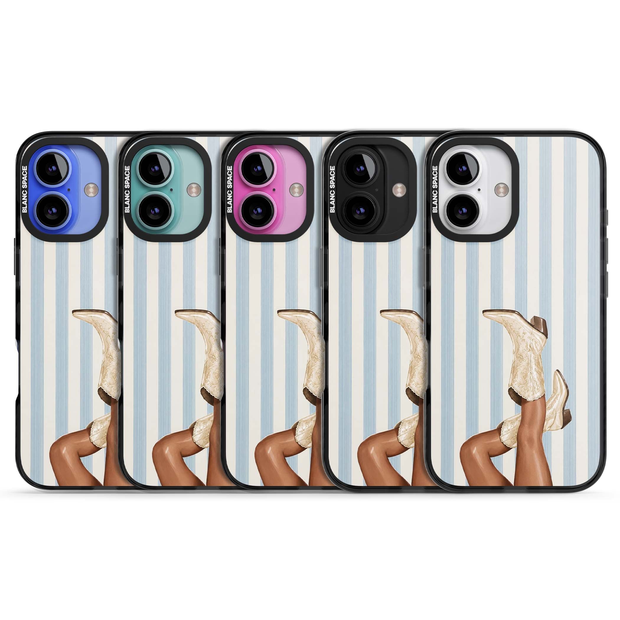 Cowgirl Boots coastal cowgirl iPhone case featuring embroidered western boots, tanned legs and a blue stripe backdrop | Black Impact case for iPhone 16, iPhone 16 Plus