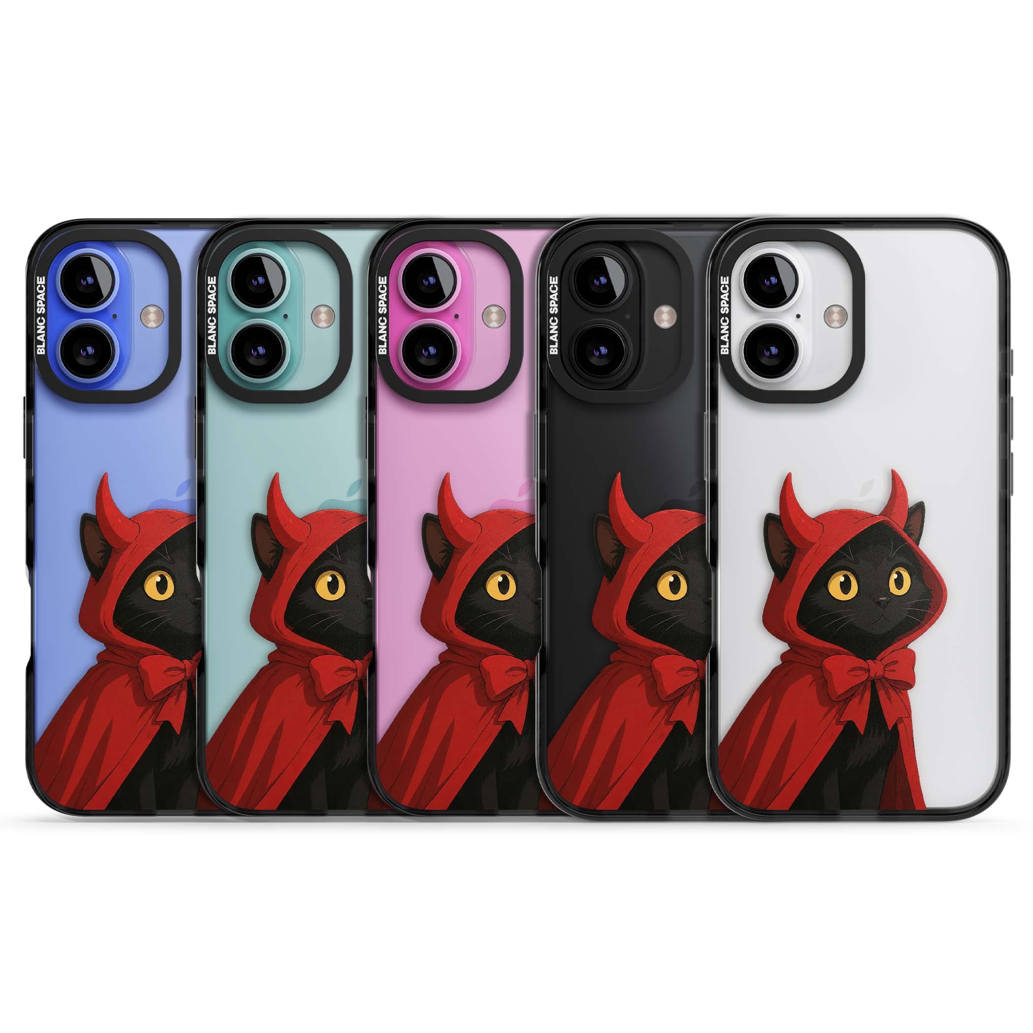 Little Devil halloween iPhone case featuring a black cat in a red hooded devil cloak with horns and golden eyes | Black Impact case for iPhone 16, iPhone 16 Plus