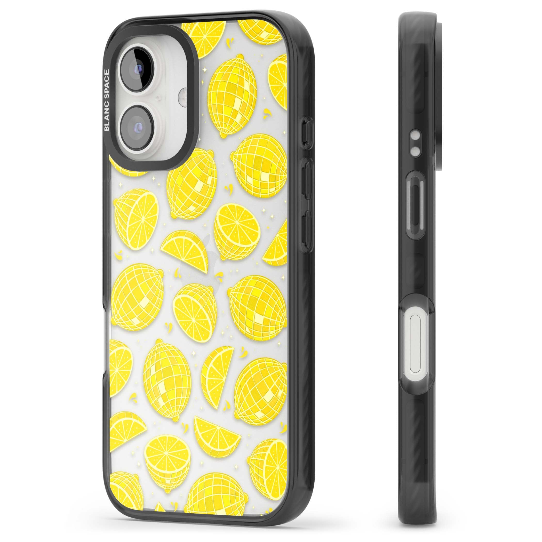 Disco Lemons citrus iPhone case featuring mirrorball lemons, sliced fruit and sparkle accents | Black Impact case for iPhone 16, iPhone 16 Plus