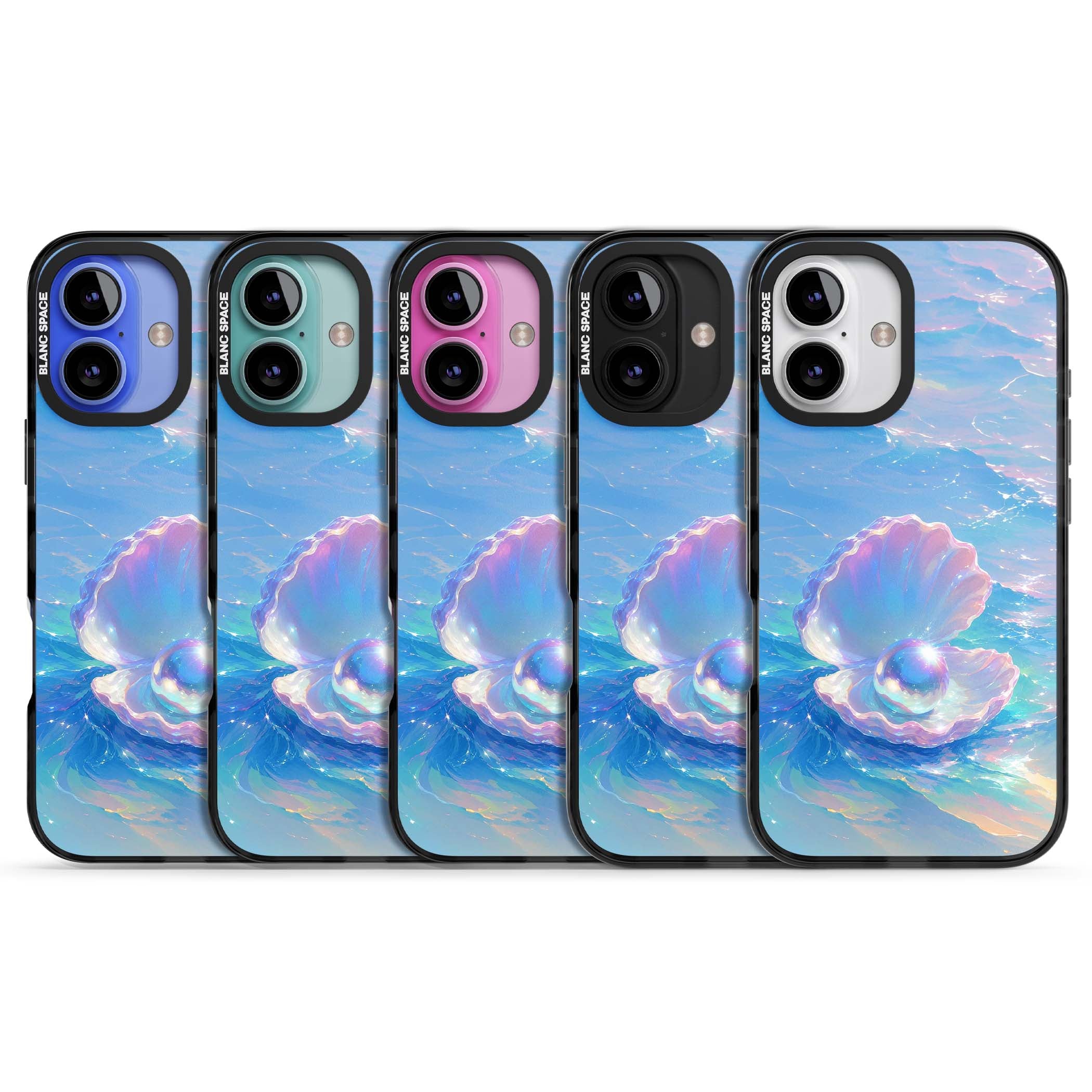 The Pearl Clam mermaidcore iPhone case featuring iridescent seashell, glowing pearl and pastel ocean waves | Black Impact case for iPhone 16, iPhone 16 Plus