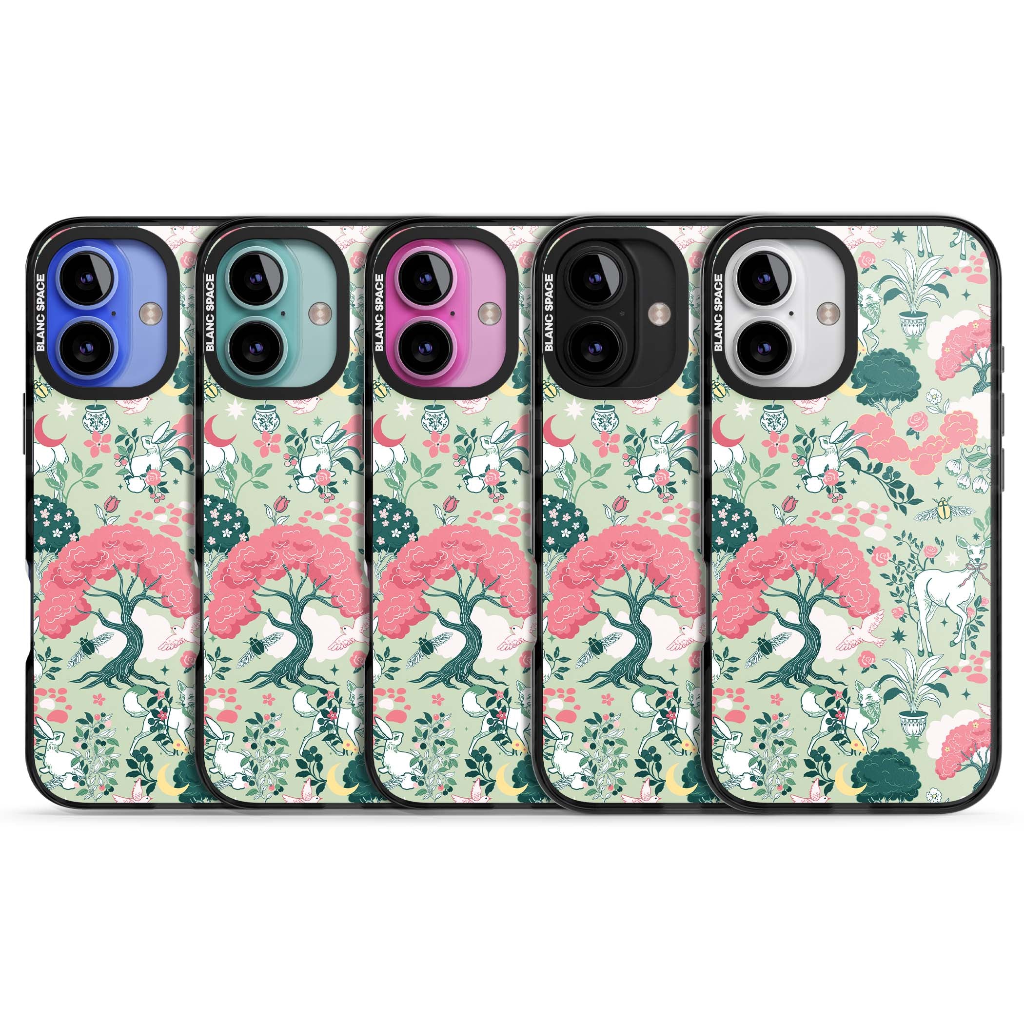 Enchanted Woodland cottagecore iPhone case featuring white deer, pink roses, mushrooms and woodland animals on sage green | Black Impact case for iPhone 16, iPhone 16 Plus