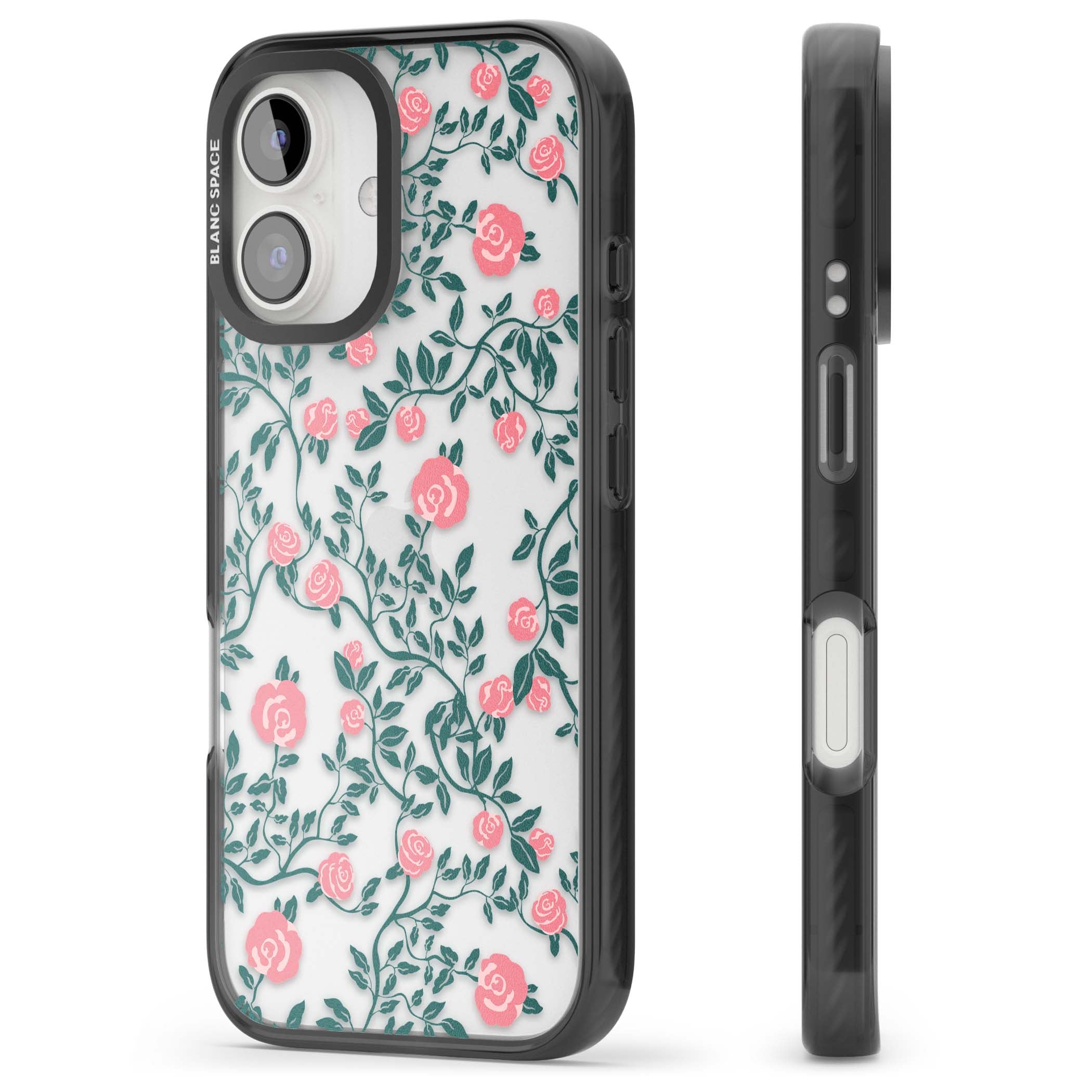 Rose Trellis (Clear) cottagecore iPhone case featuring pink climbing roses and green leaves on clear background | Black Impact case for iPhone 16, iPhone 16 Plus