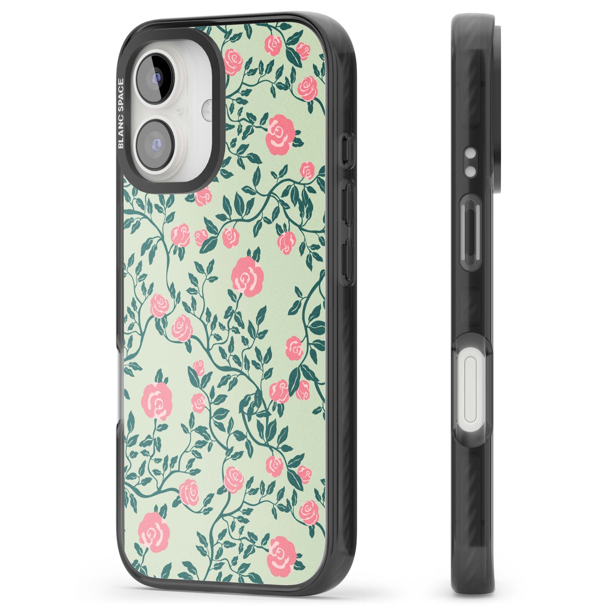 Rose Trellis cottagecore iPhone case featuring pink roses, sage green vines, and mint background | Black Impact case for iPhone 16, iPhone 16 Plus